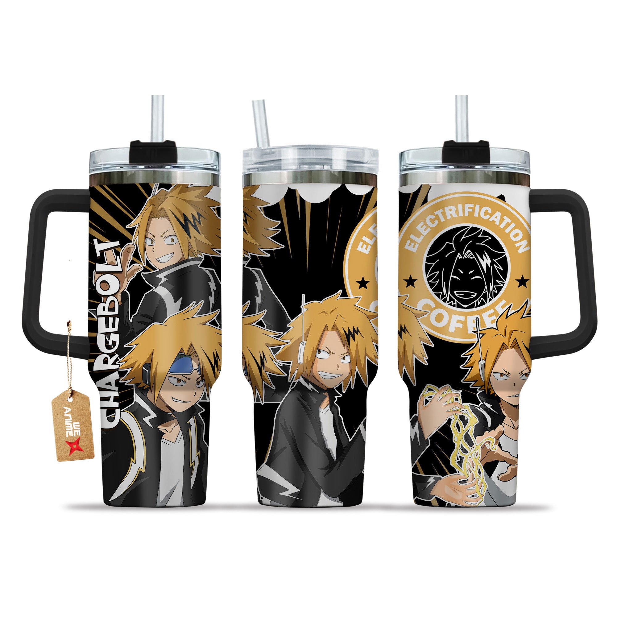 Hydratemerch Denki Kaminari (Chargebolt) My Hero Academia Anime Custom Stanley Quencher 40oz Stainless Steel Tumbler With Handle