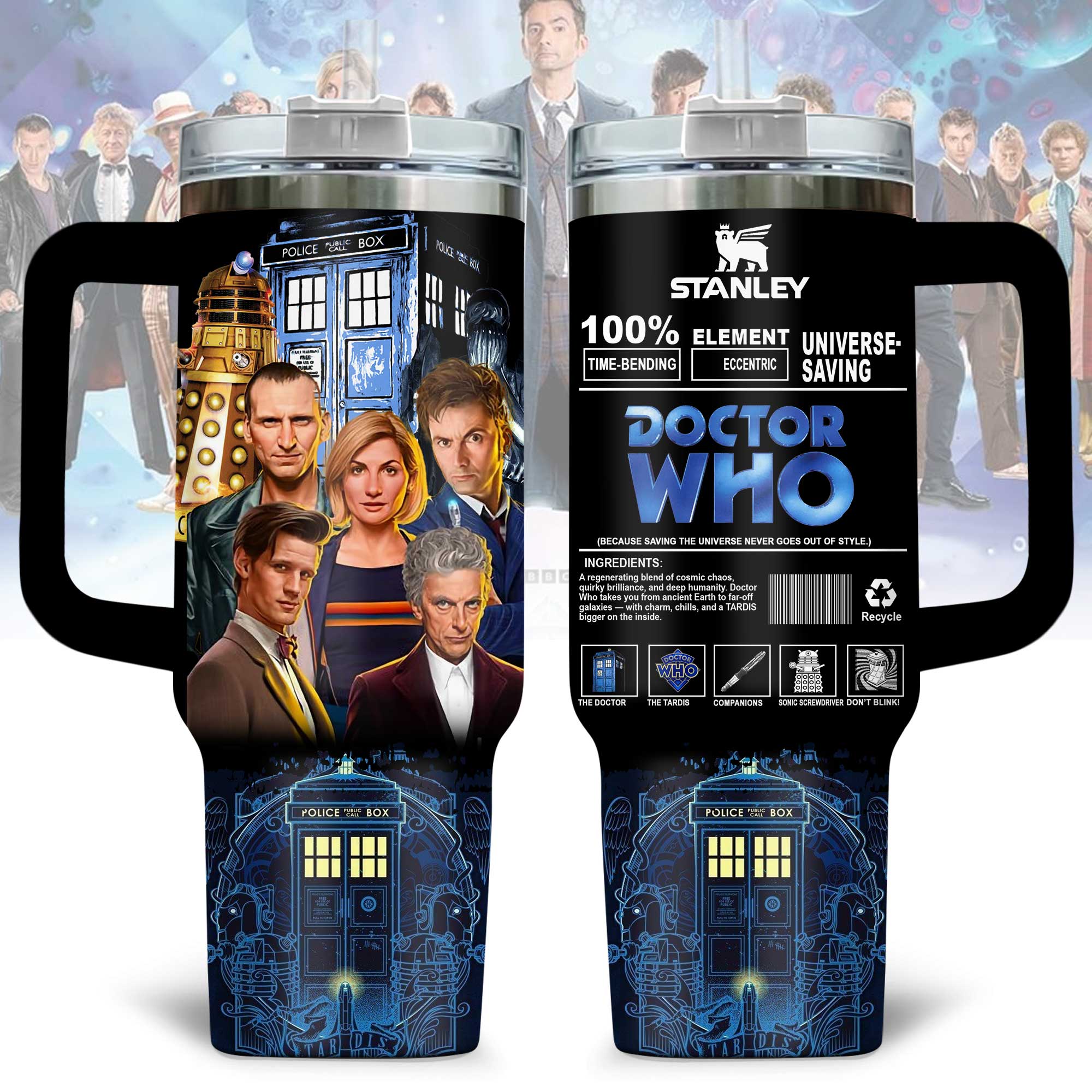 Hydratemerch Doctor Who TV Series Custom Stanley Quencher 40oz Stainless Steel Tumbler With Handle