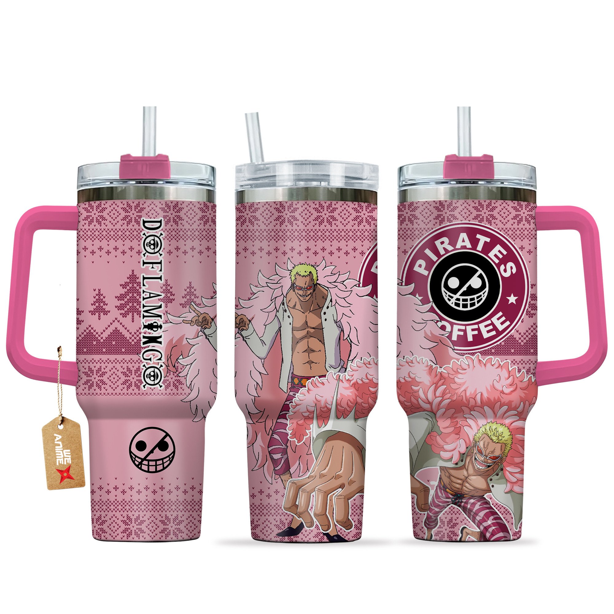 Hydratemerch Doflamingo One piece Anime Custom Stanley Quencher 40oz Stainless Steel Tumbler With Handle