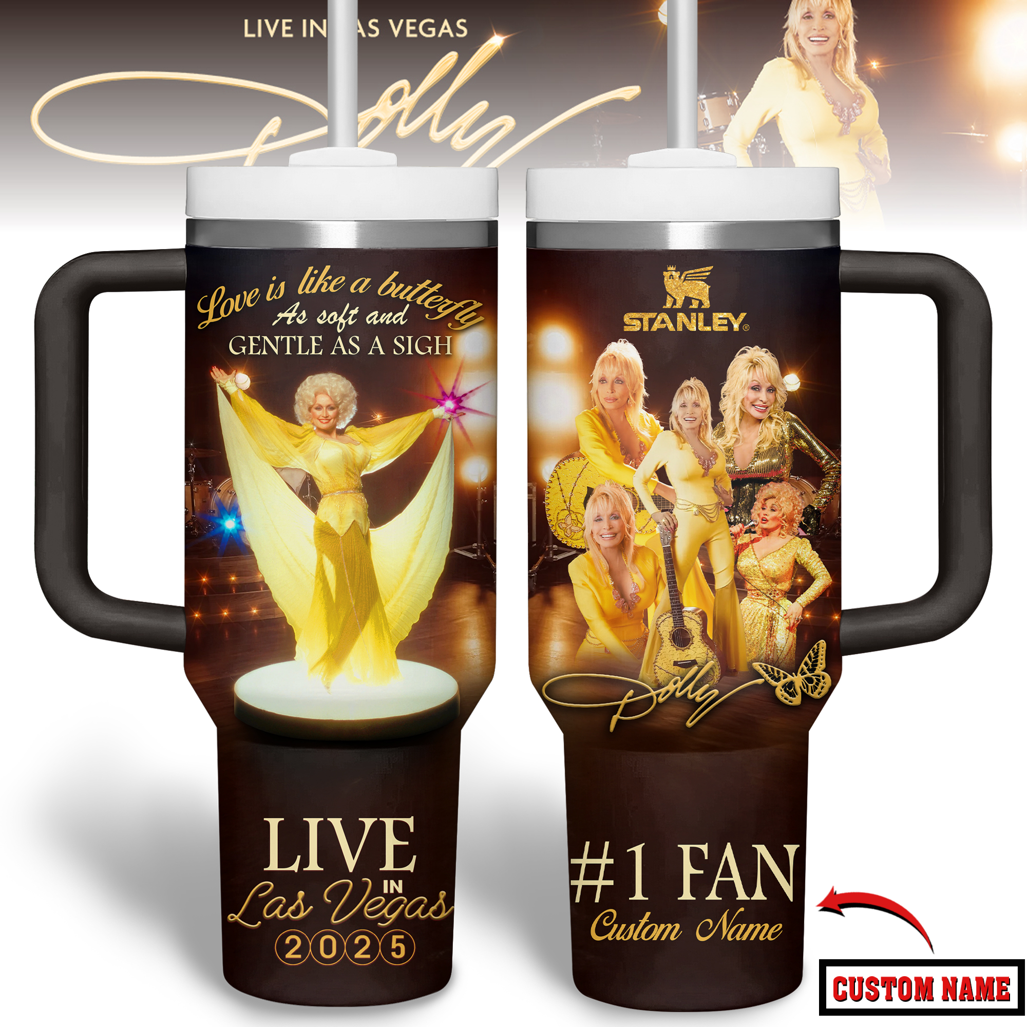 Hydratemerch Dolly Parton Music Custom Stanley Quencher 40oz Stainless Steel Tumbler With Handle
