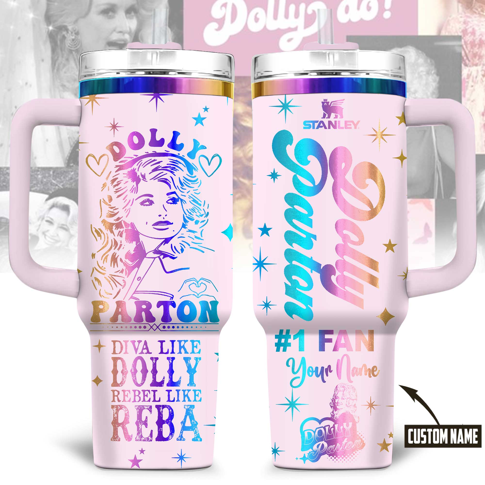 Hydratemerch Dolly Parton Music Custom Stanley Quencher 40oz Stainless Steel Tumbler With Handle