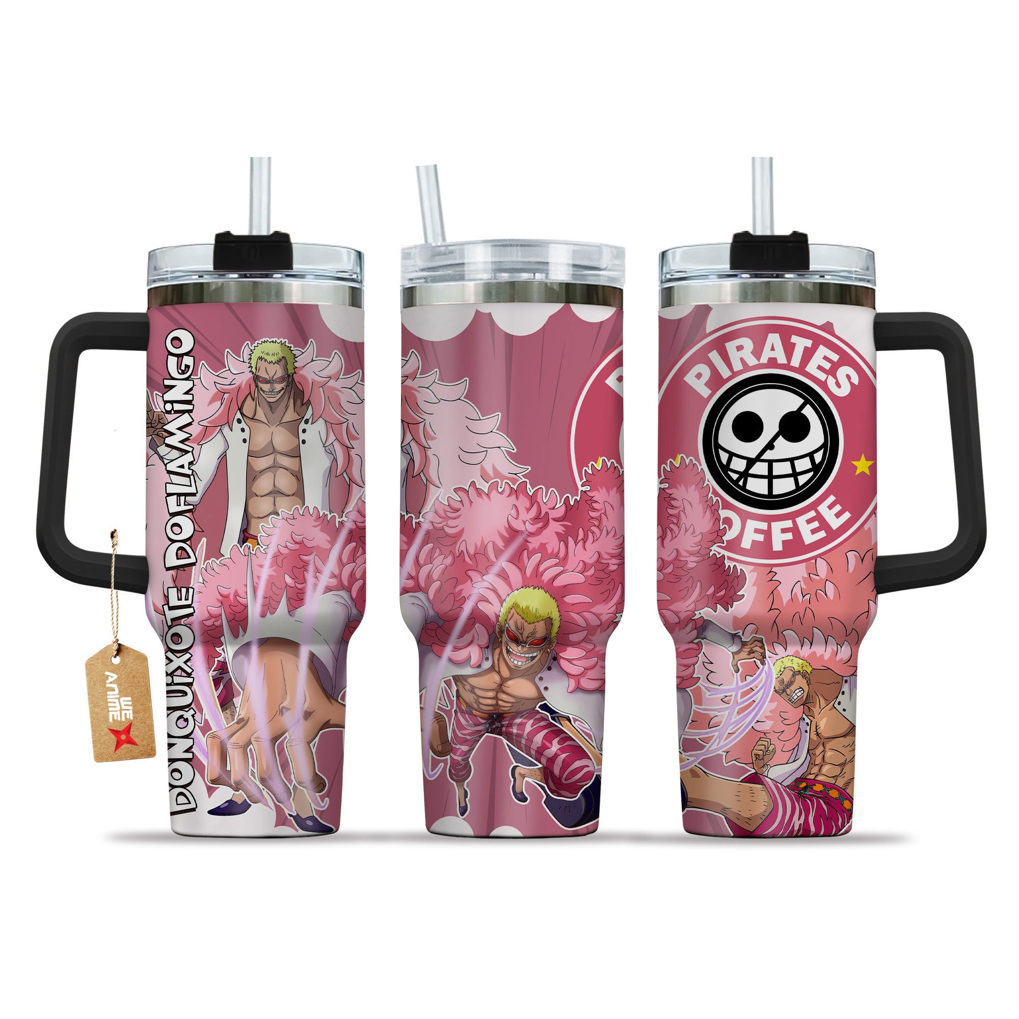 Hydratemerch Donquixote Doflamingo One Piece Anime Custom Stanley Quencher 40oz Stainless Steel Tumbler With Handle