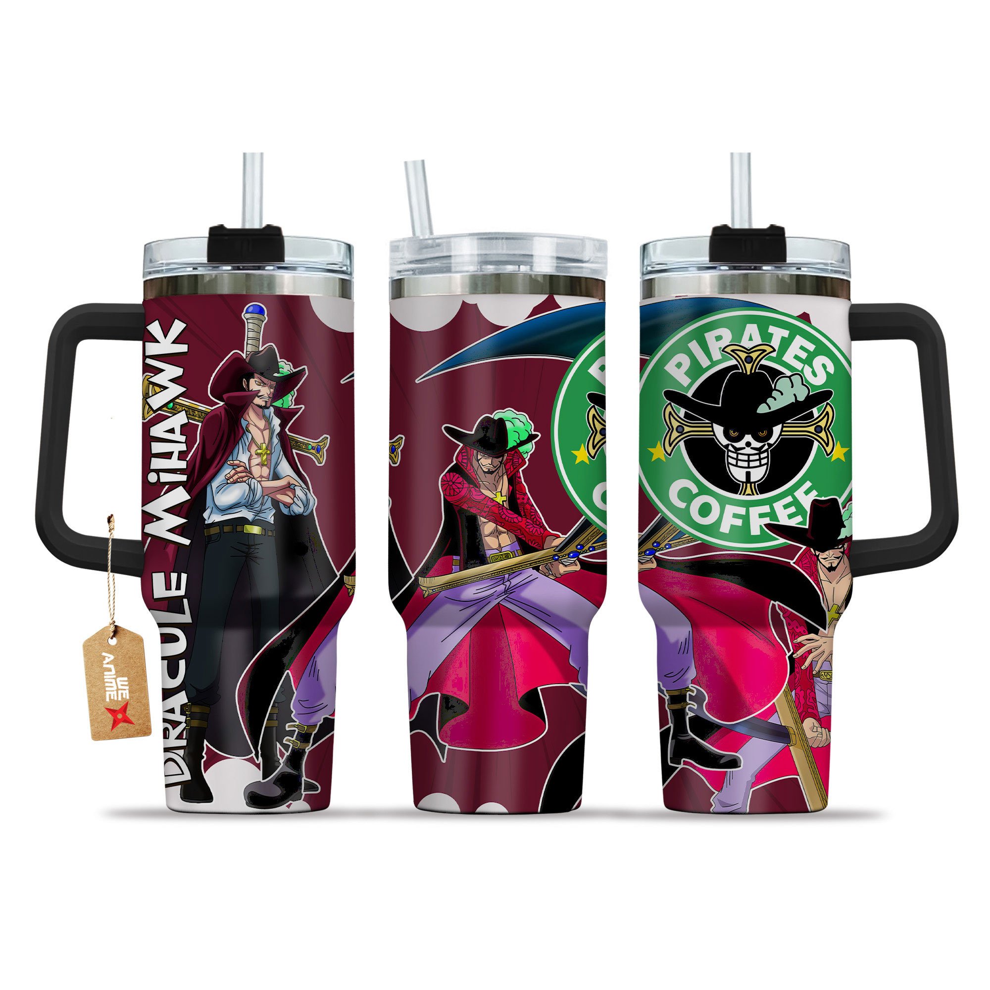 Hydratemerch Dracule Mihawk One Piece Anime Custom Stanley Quencher 40oz Stainless Steel Tumbler With Handle