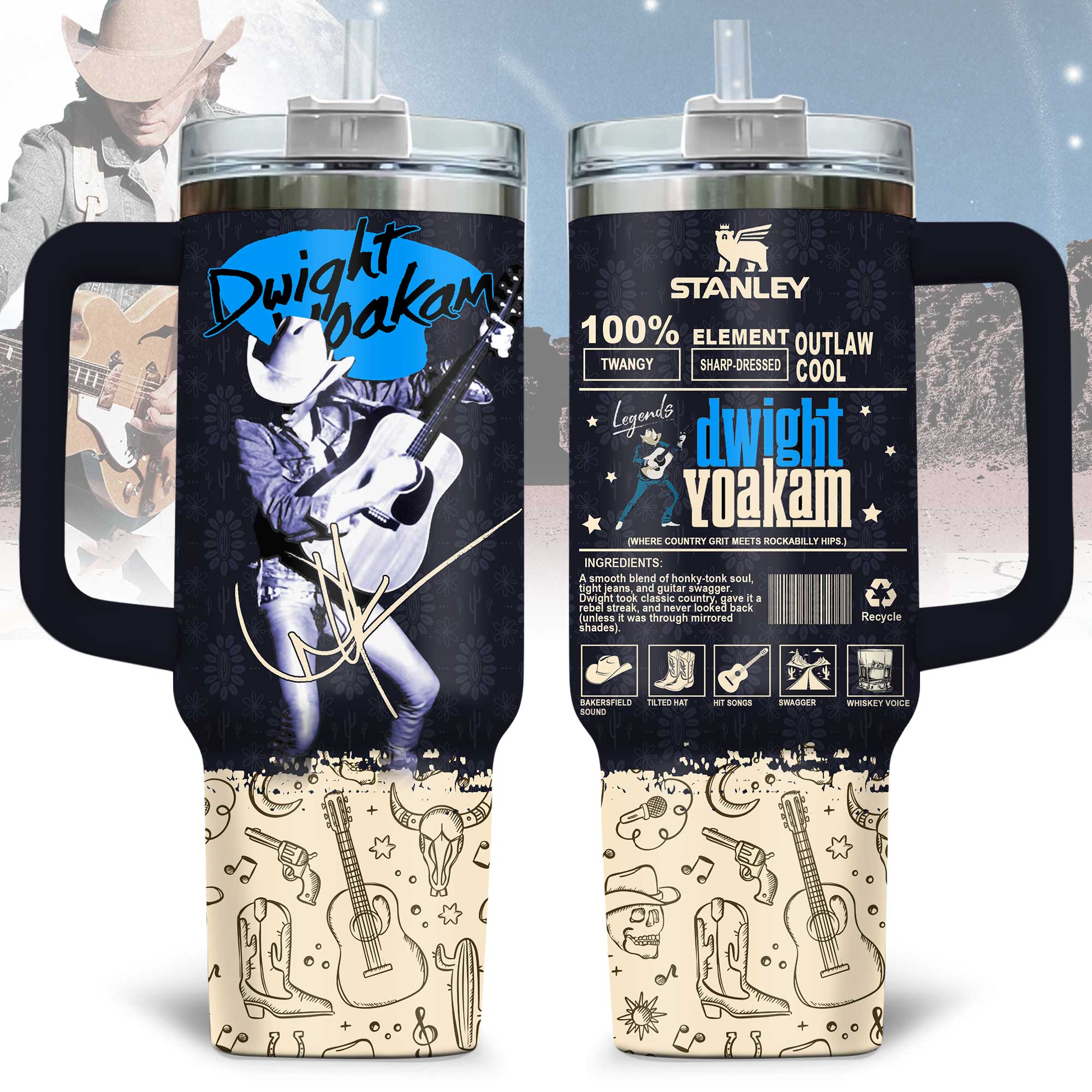 Hydratemerch Dwight Yoakam Music Custom Stanley Quencher 40oz Stainless Steel Tumbler With Handle