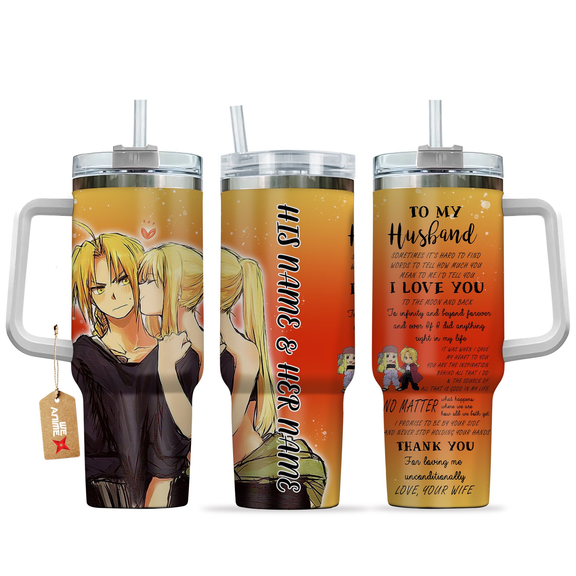 Hydratemerch Edward Elric & Winry Rockbell Fullmetal Alchemist Anime Valentine Custom Stanley Quencher 40oz Stainless Steel Tumbler With Handle