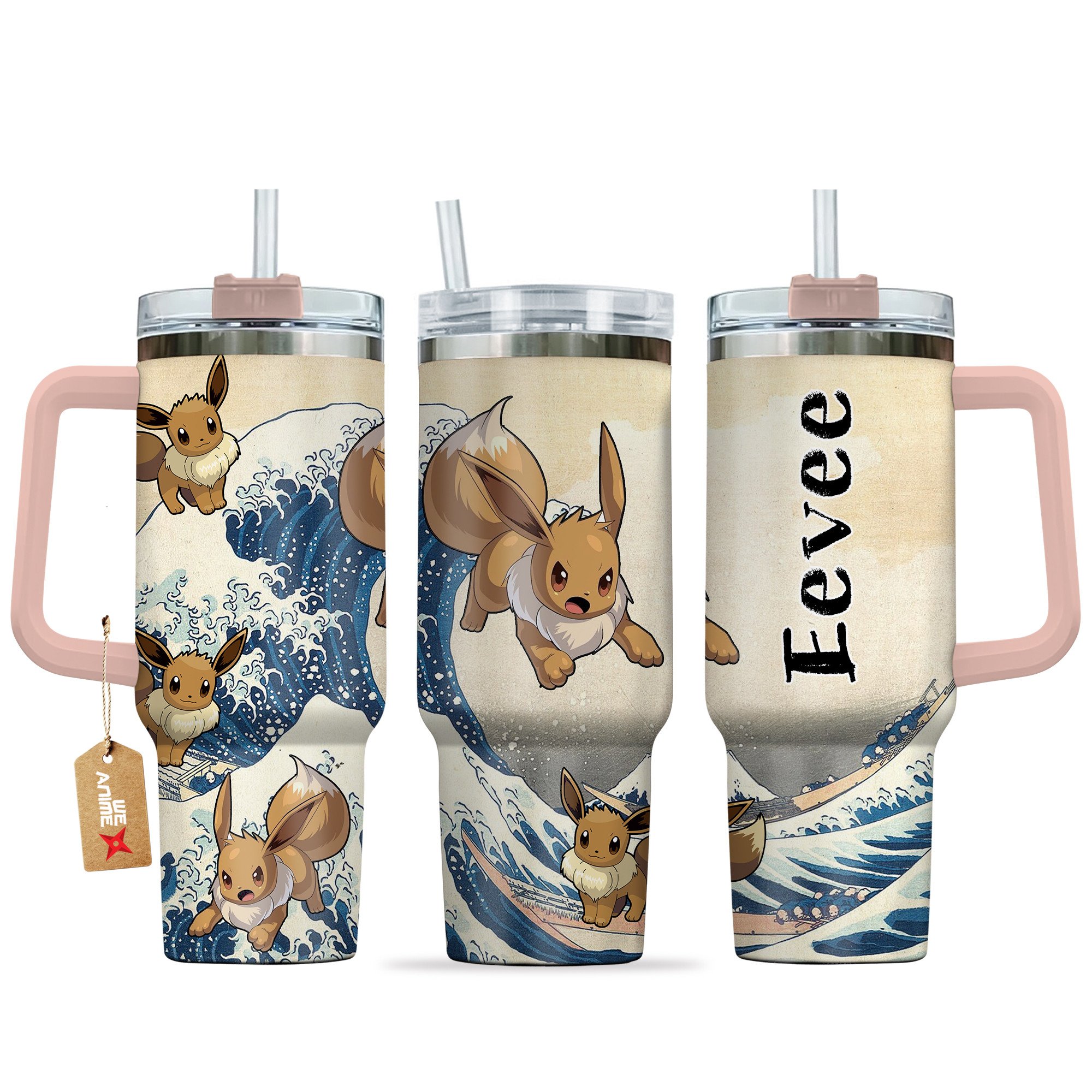 Hydratemerch Eevee Pokemon Anime Custom Stanley Quencher 40oz Stainless Steel Tumbler With Handle