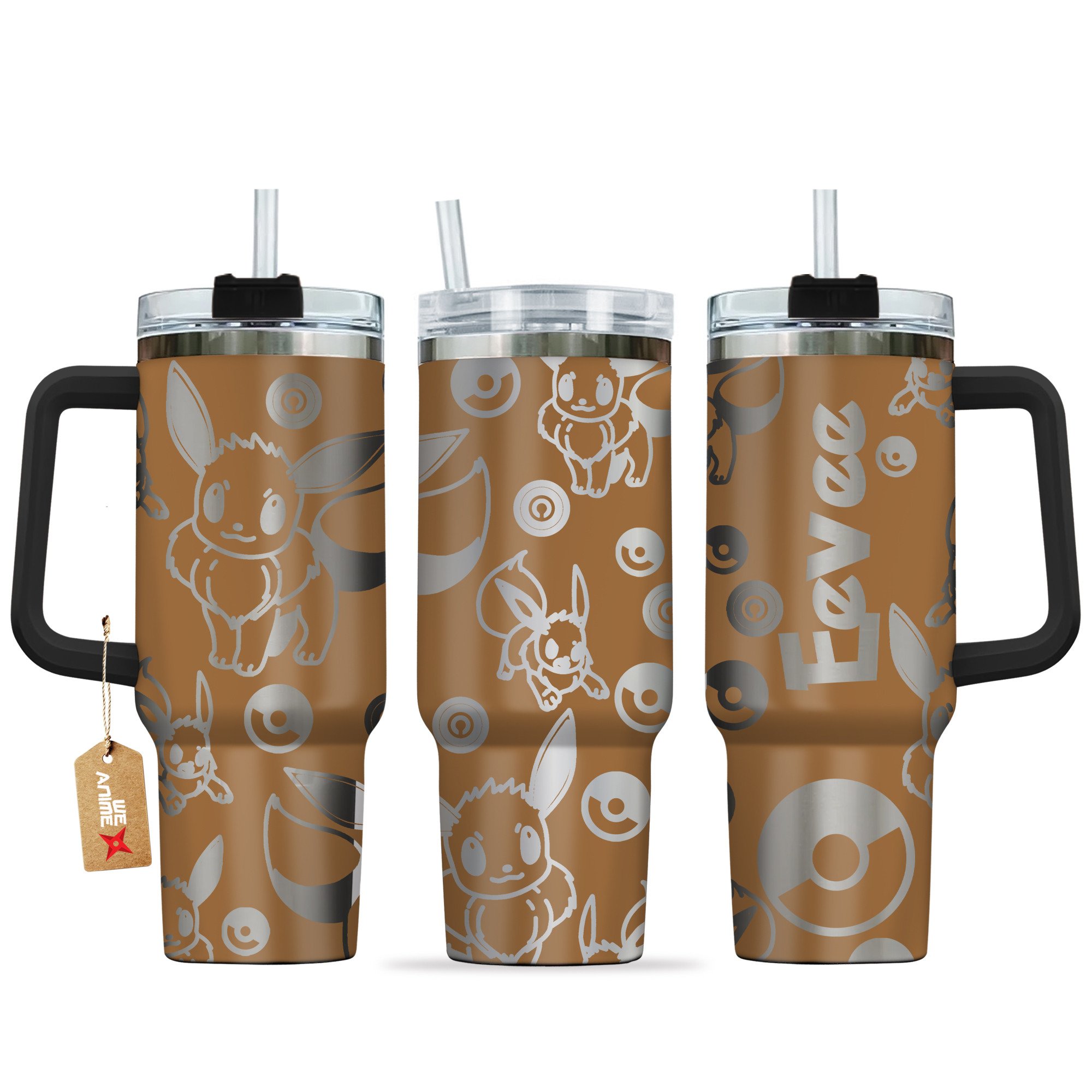 Hydratemerch Eevee Pokemon Anime Custom Stanley Quencher 40oz Stainless Steel Tumbler With Handle