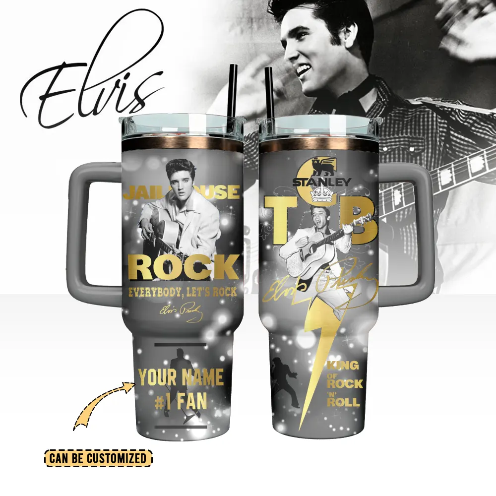Hydratemerch Elvis Presley Music Custom Stanley Quencher 40oz Stainless Steel Tumbler With Handle