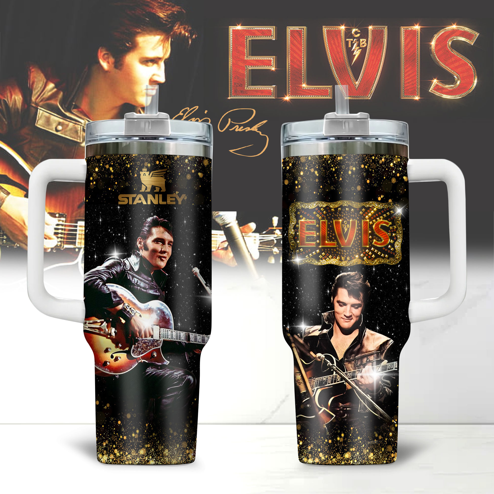 Hydratemerch Elvis Presley Music Custom Stanley Quencher 40oz Stainless Steel Tumbler With Handle