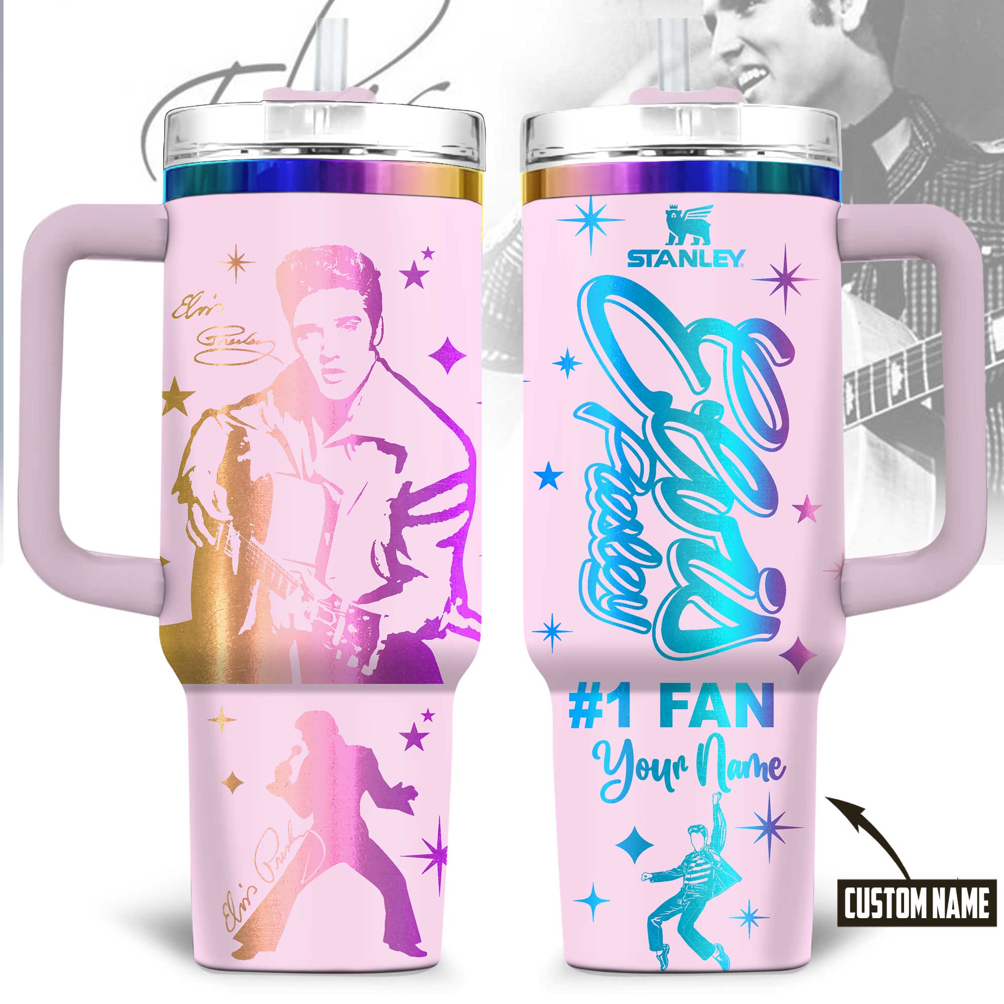 Hydratemerch Elvis Presley Music Custom Stanley Quencher 40oz Stainless Steel Tumbler With Handle