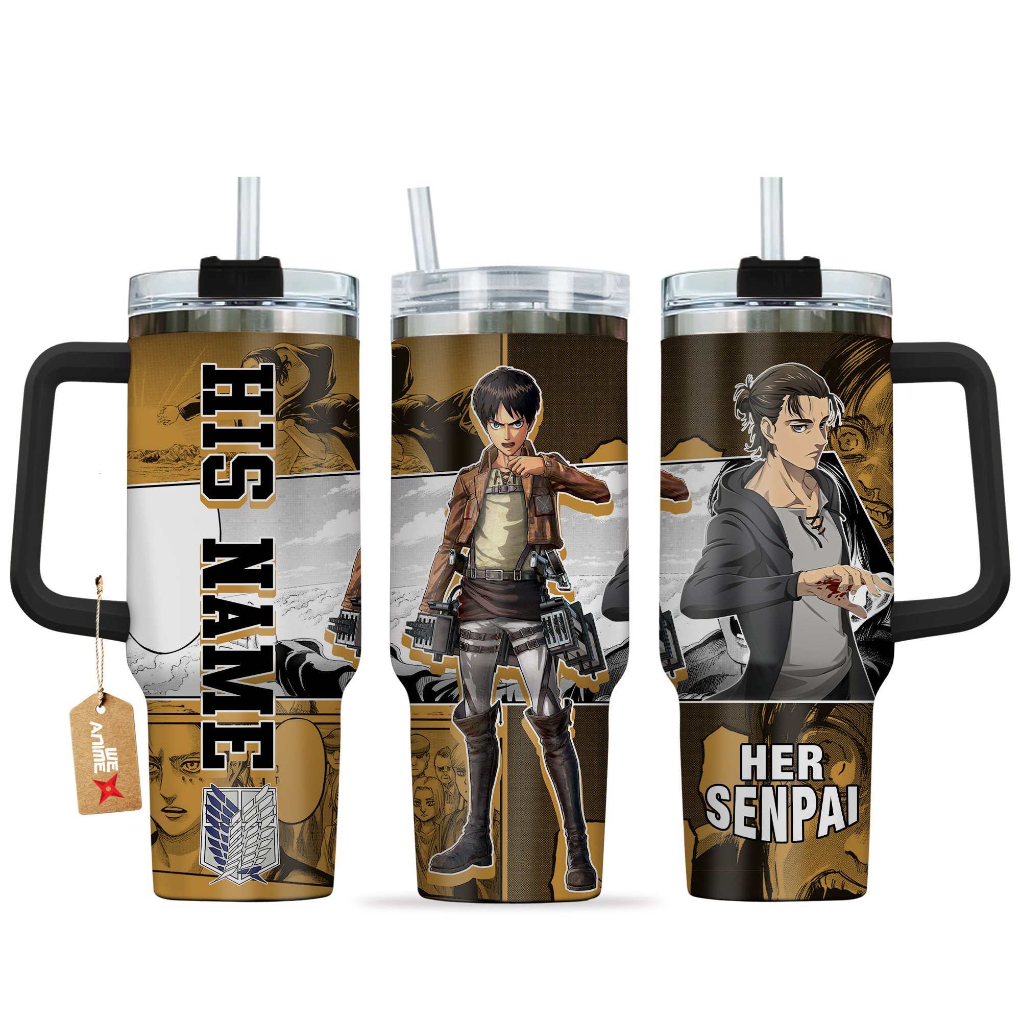 Hydratemerch Eren Yeager Attack on Titan Anime Custom Stanley Quencher 40oz Stainless Steel Tumbler With Handle