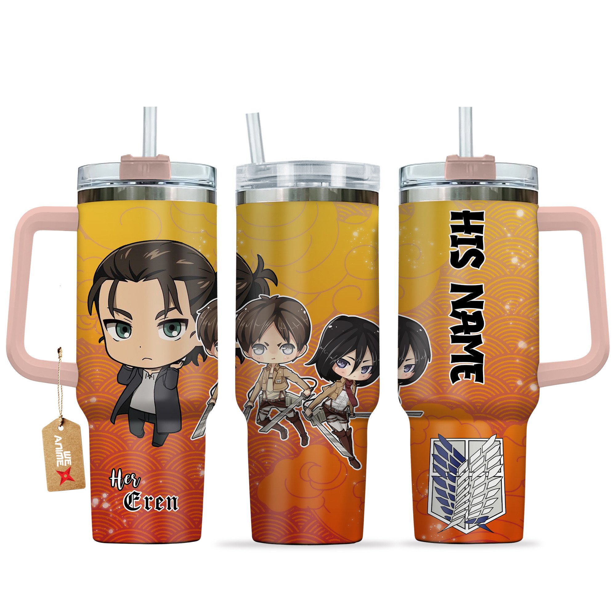 Hydratemerch Eren Yeager Attack on Titan Anime Valentine Custom Stanley Quencher 40oz Stainless Steel Tumbler With Handle