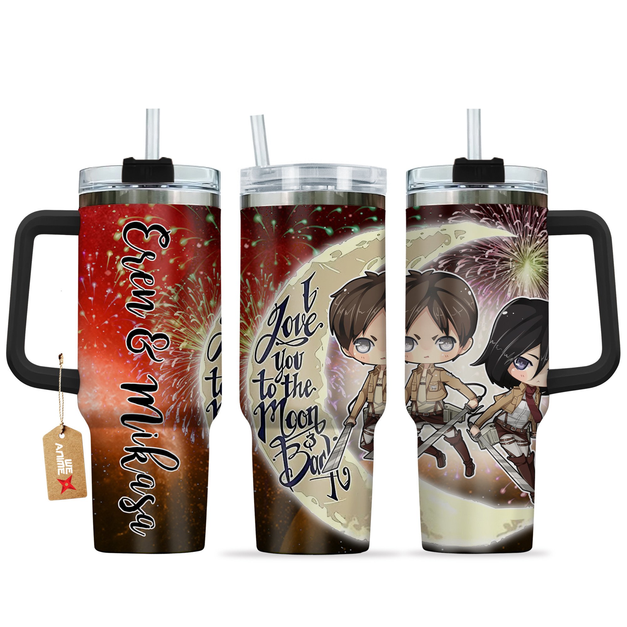 Hydratemerch Eren Yeager & Mikasa Ackerman Attack on Titan Anime Valentine Custom Stanley Quencher 40oz Stainless Steel Tumbler With Handle