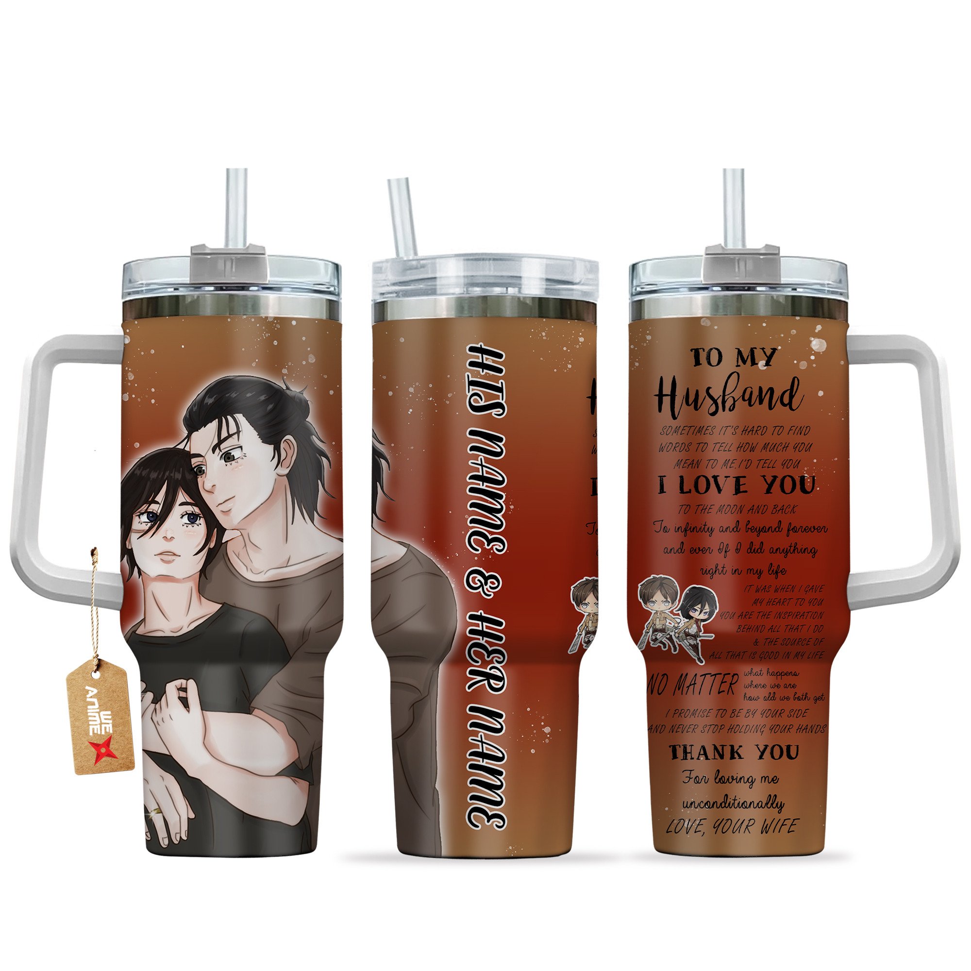 Hydratemerch Eren Yeager & Mikasa Ackerman Attack on Titan Anime Valentine Custom Stanley Quencher 40oz Stainless Steel Tumbler With Handle