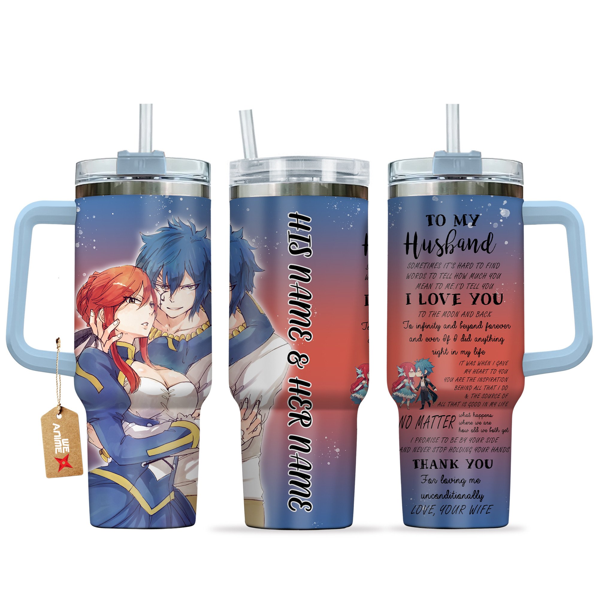 Hydratemerch Erza Scarlet & Jellal Fernandes Fairy Tail Anime Valentine Custom Stanley Quencher 40oz Stainless Steel Tumbler With Handle