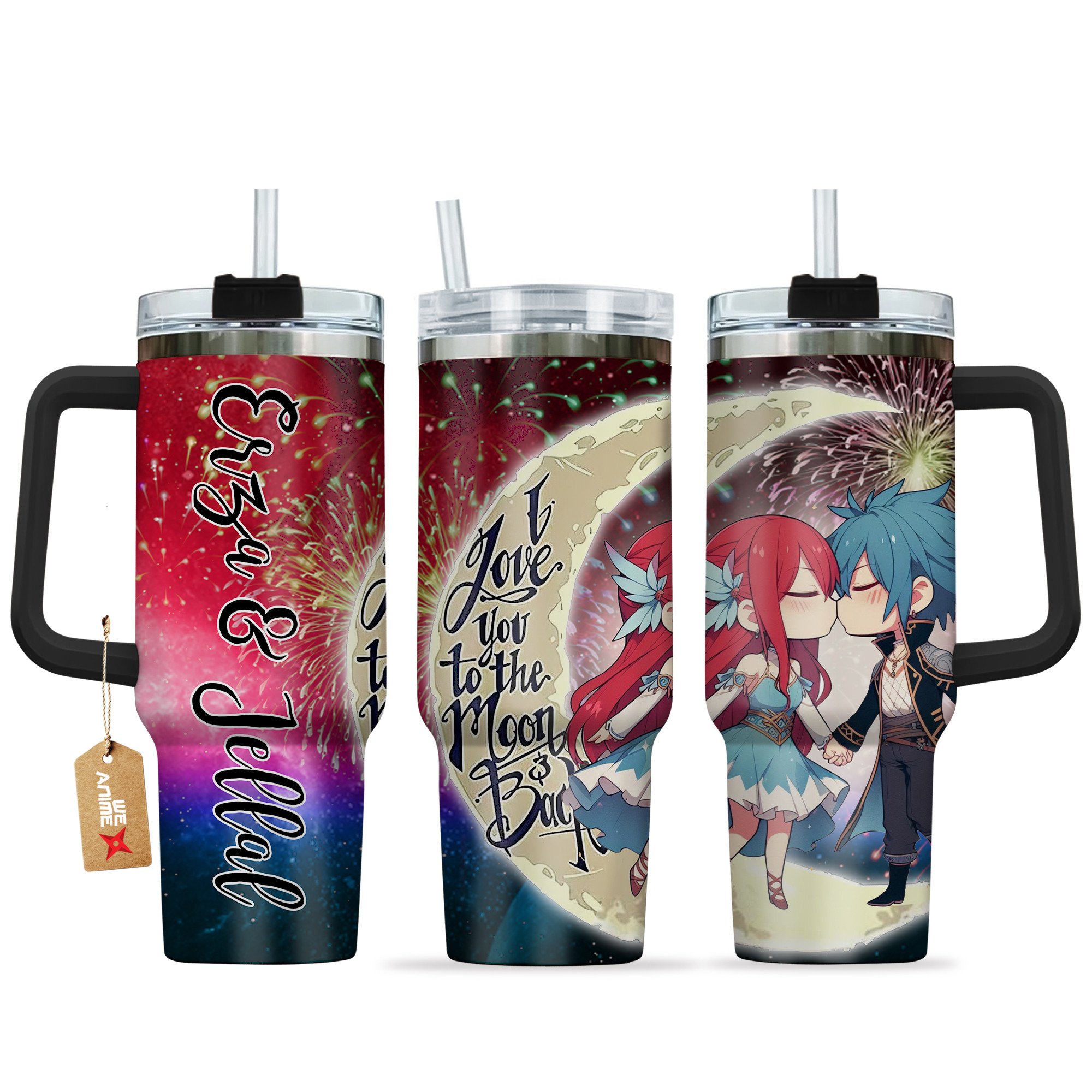 Hydratemerch Erza Scarlet & Jellal Fernandes Fairy Tail Anime Valentine Custom Stanley Quencher 40oz Stainless Steel Tumbler With Handle