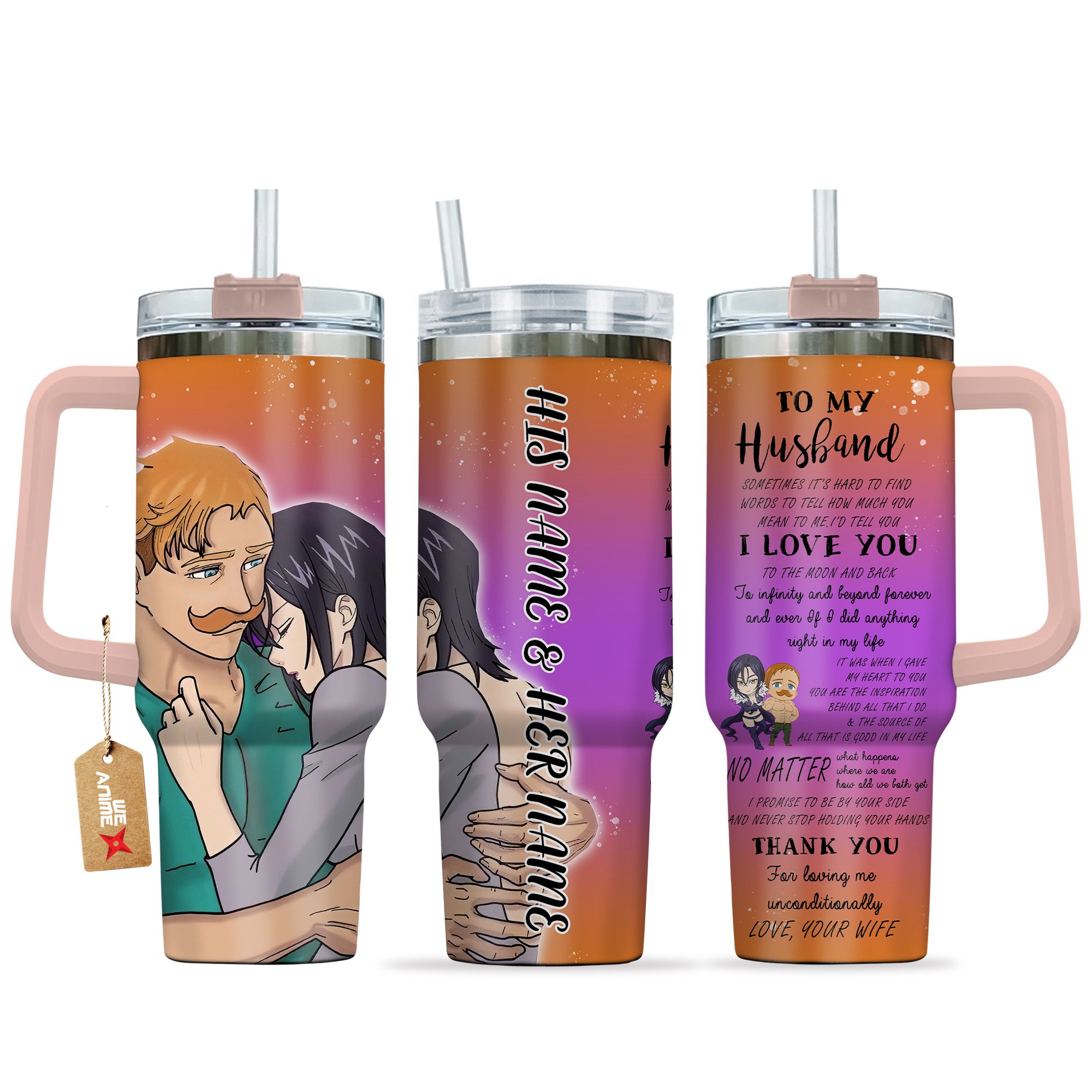 Hydratemerch Escanor & Merlin Nanatsu No Taizai Anime Valentine Custom Stanley Quencher 40oz Stainless Steel Tumbler With Handle