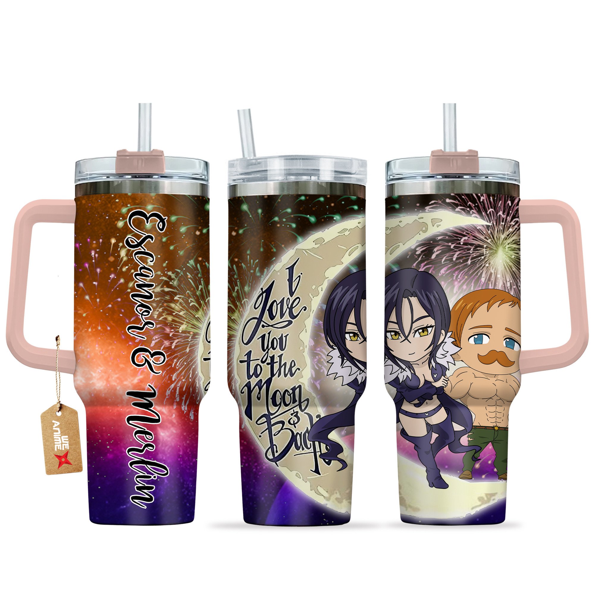 Hydratemerch Escanor & Merlin Nanatsu No Taizai Anime Valentine Custom Stanley Quencher 40oz Stainless Steel Tumbler With Handle