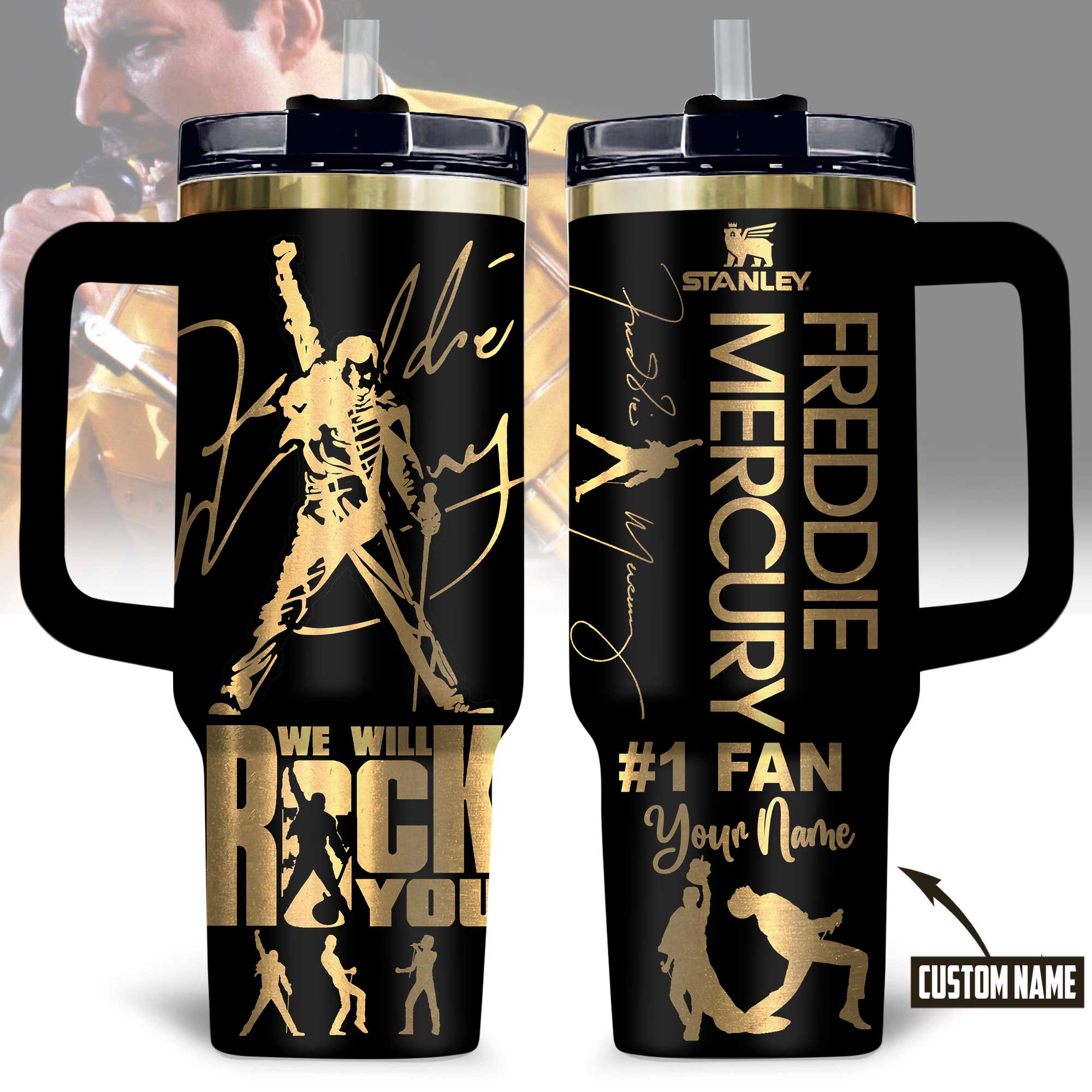 Hydratemerch Freddie Mercury Music Custom Stanley Quencher 40oz Stainless Steel Tumbler With Handle
