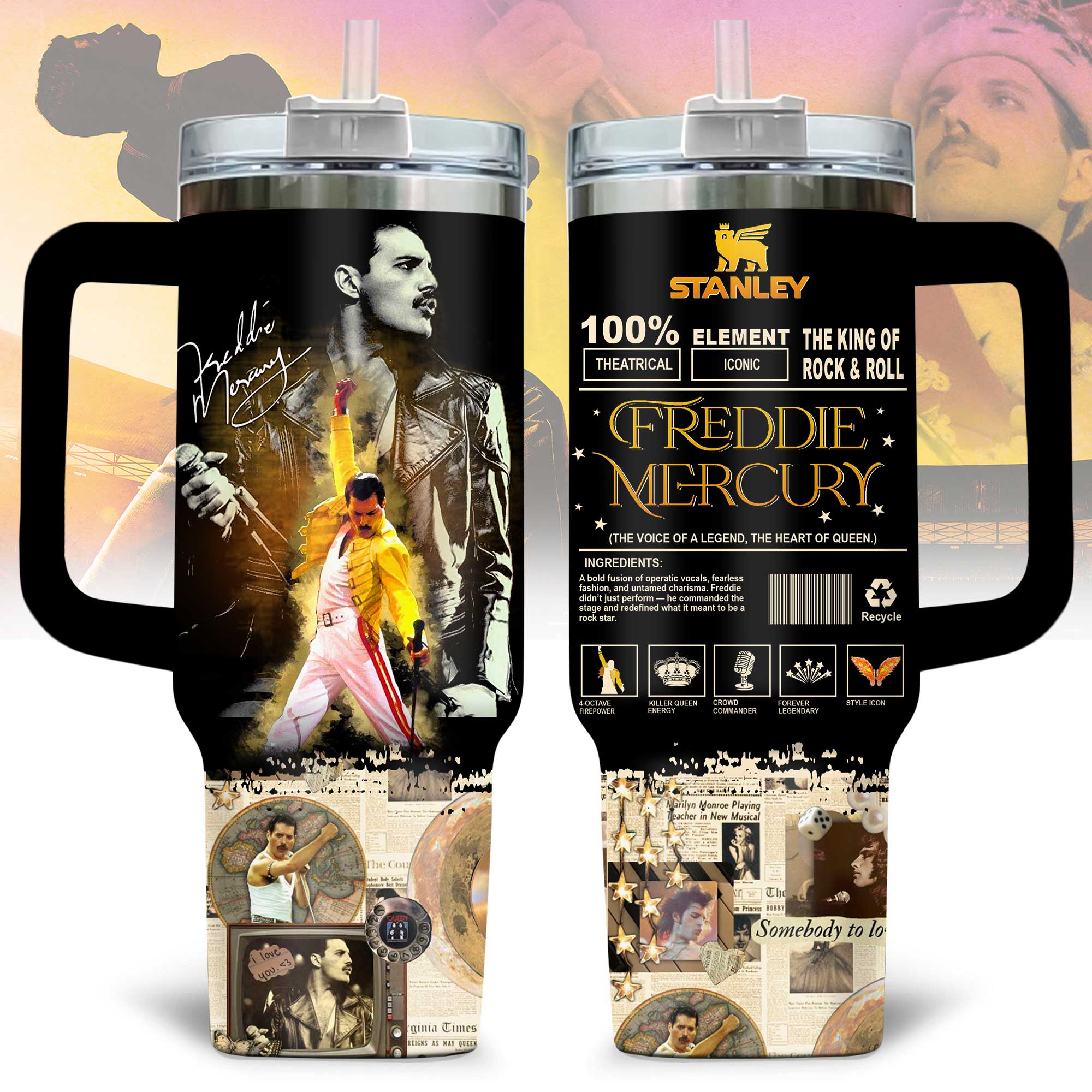 Hydratemerch Freddie Mercury Music Custom Stanley Quencher 40oz Stainless Steel Tumbler With Handle