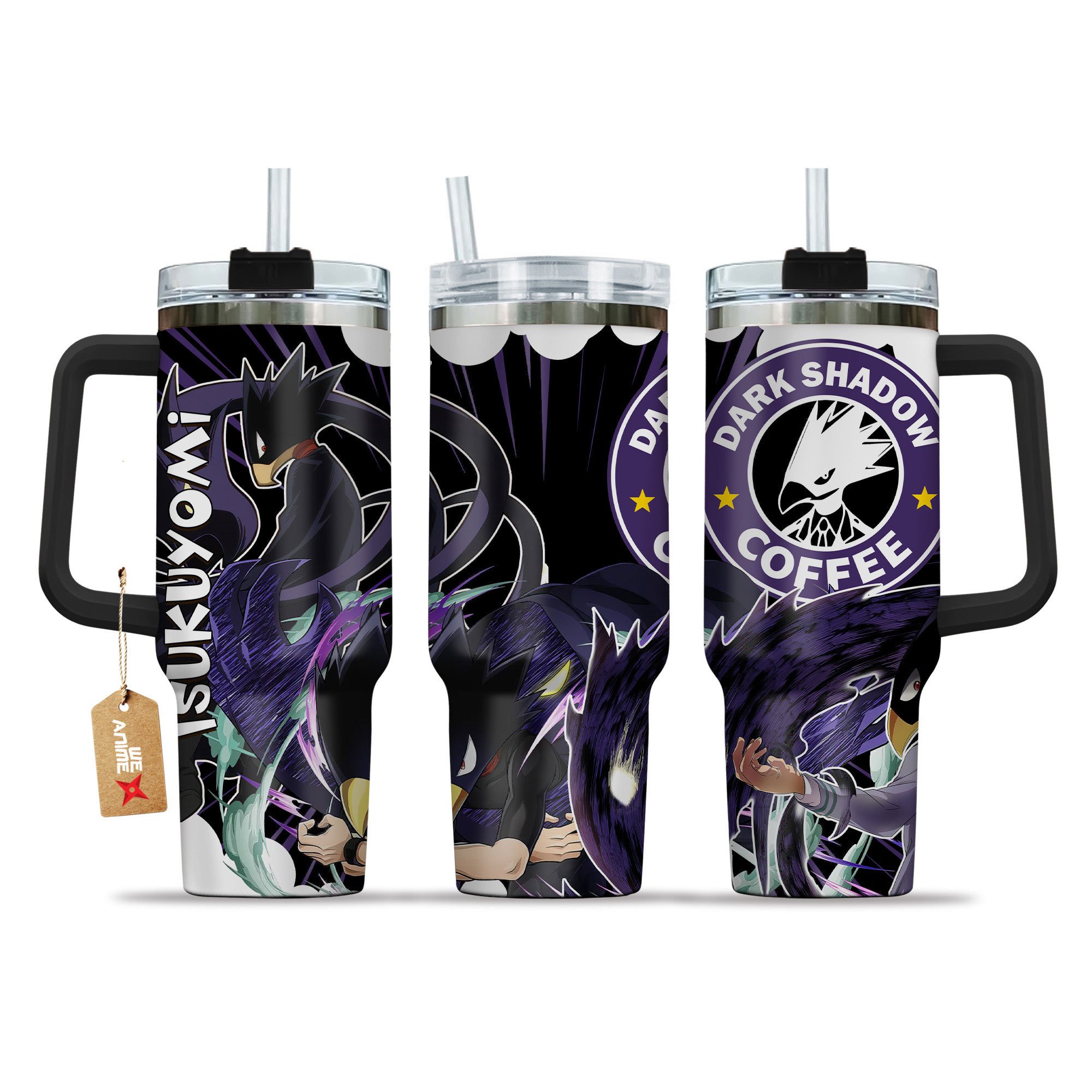 Hydratemerch Fumikage Tokoyami (Tsukuyomi) My Hero Academia Anime Custom Stanley Quencher 40oz Stainless Steel Tumbler With Handle