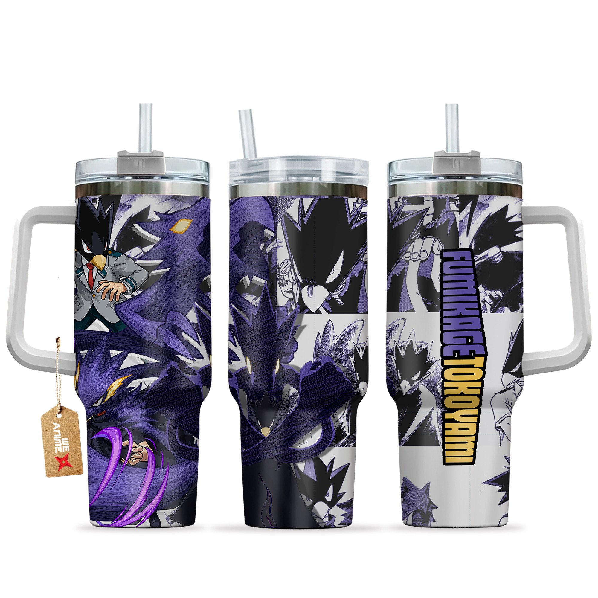 Hydratemerch Fumikage Tokoyami (Tsukuyomi) My Hero Academia Anime Custom Stanley Quencher 40oz Stainless Steel Tumbler With Handle