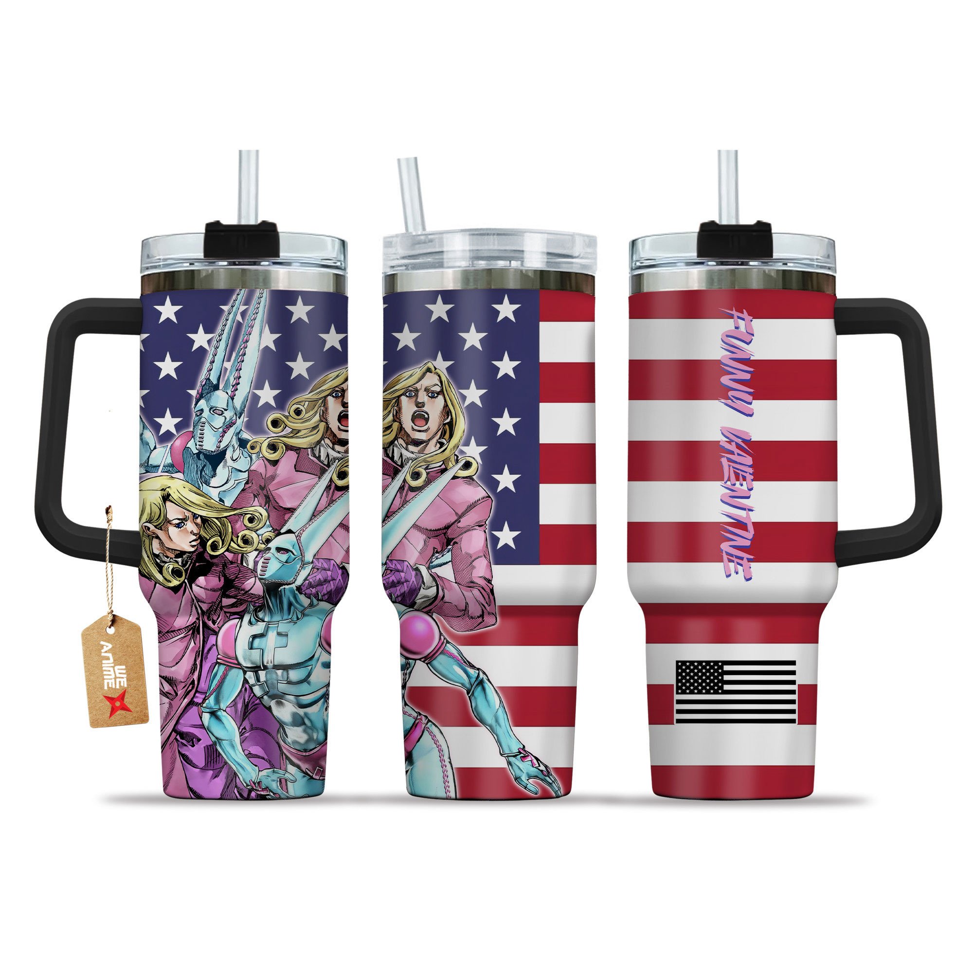 Hydratemerch Funny Valentine JoJo's Bizarre Anime Custom Stanley Quencher 40oz Stainless Steel Tumbler With Handle