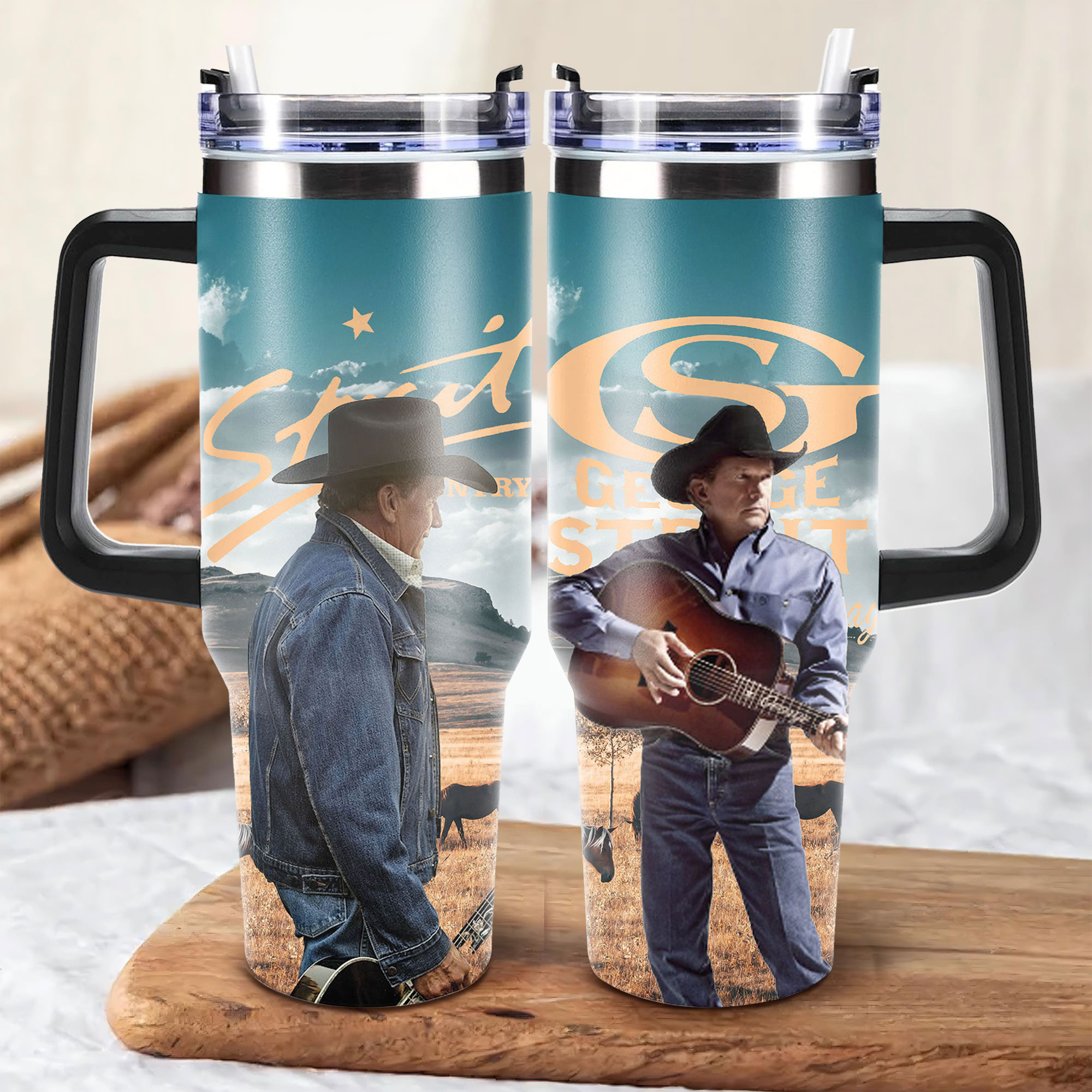 Hydratemerch George Strait Music Custom Stanley Quencher 40oz Stainless Steel Tumbler With Handle