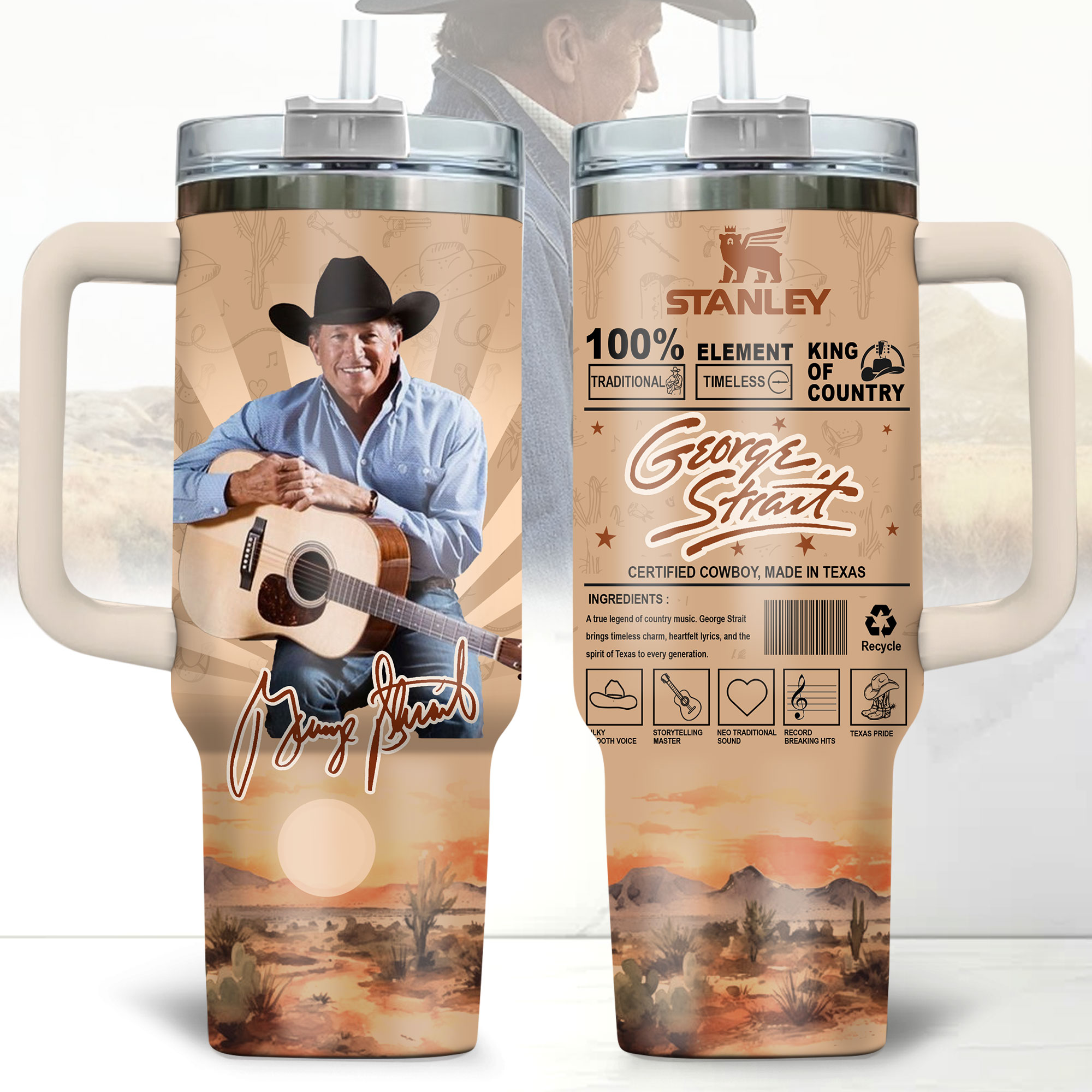 Hydratemerch George Strait Music Custom Stanley Quencher 40oz Stainless Steel Tumbler With Handle