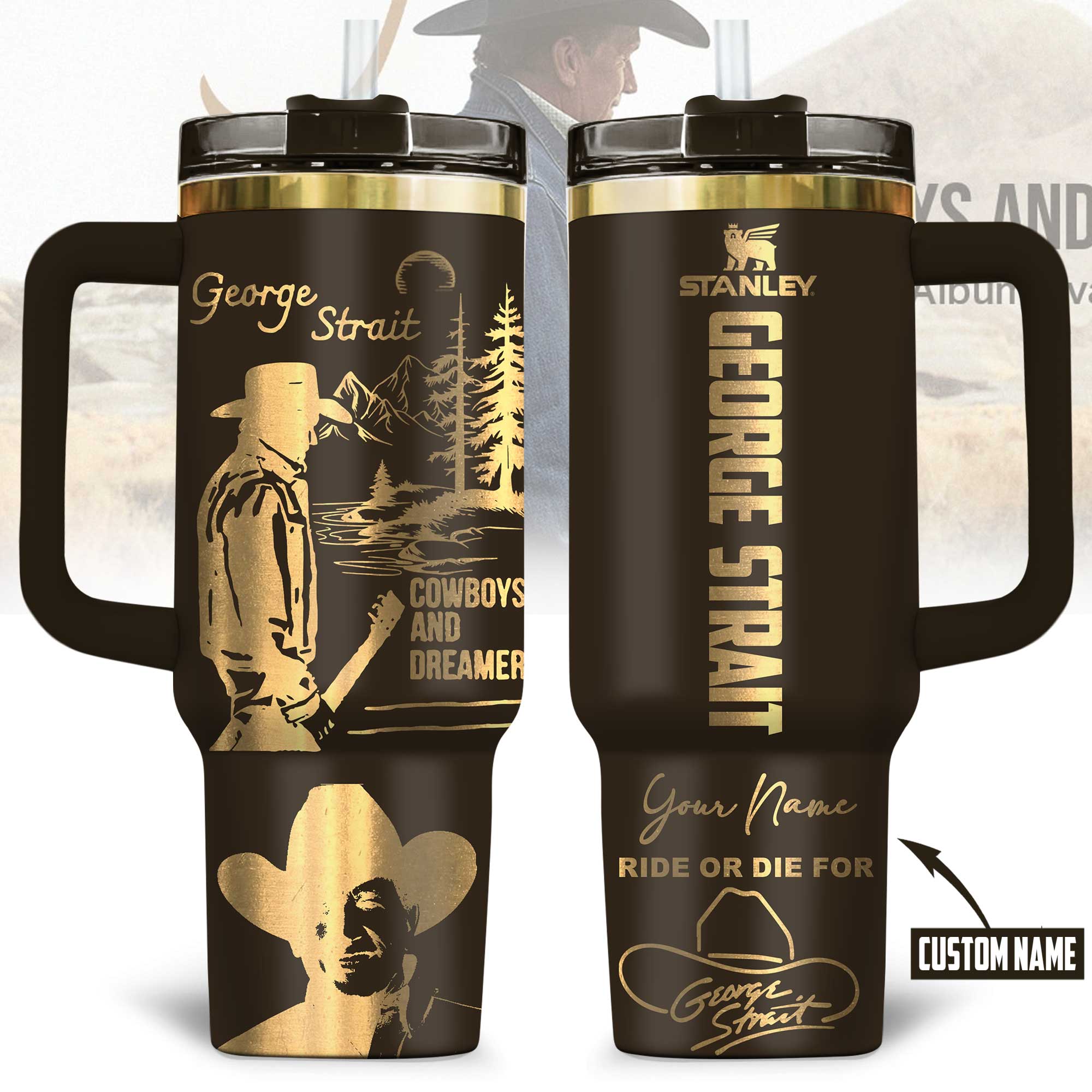 Hydratemerch George Strait Music Custom Stanley Quencher 40oz Stainless Steel Tumbler With Handle