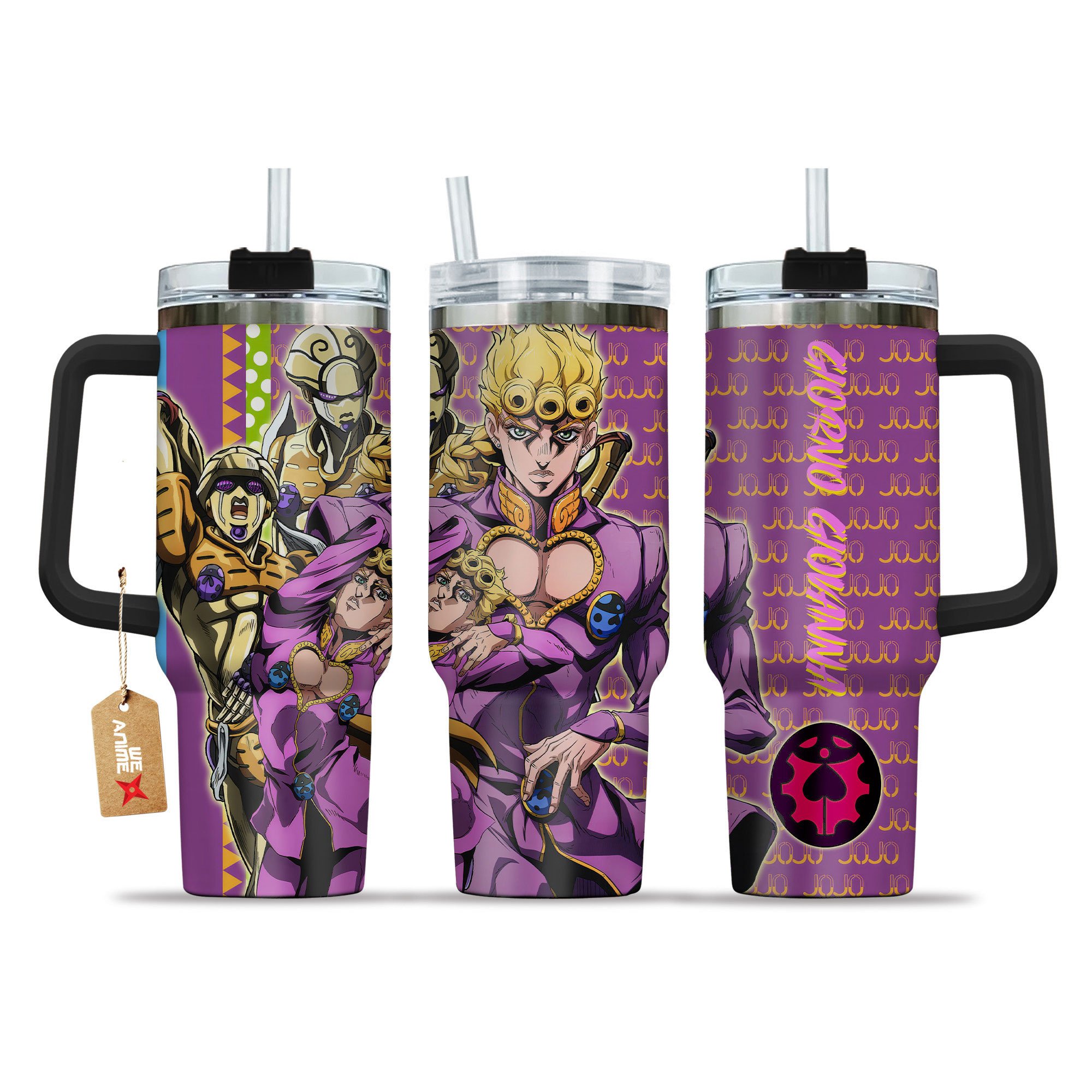 Hydratemerch Giorno Giovanna JoJo's Bizarre Anime Custom Stanley Quencher 40oz Stainless Steel Tumbler With Handle