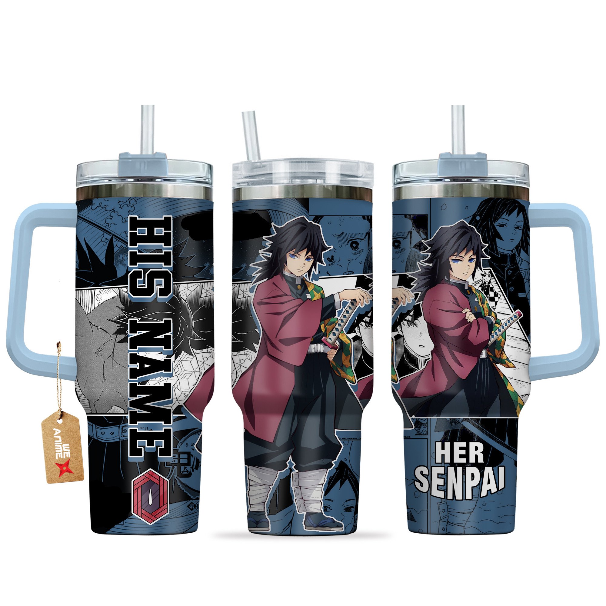 Hydratemerch Giyu Tomioka Demon Slayer Anime Custom Stanley Quencher 40oz Stainless Steel Tumbler With Handle