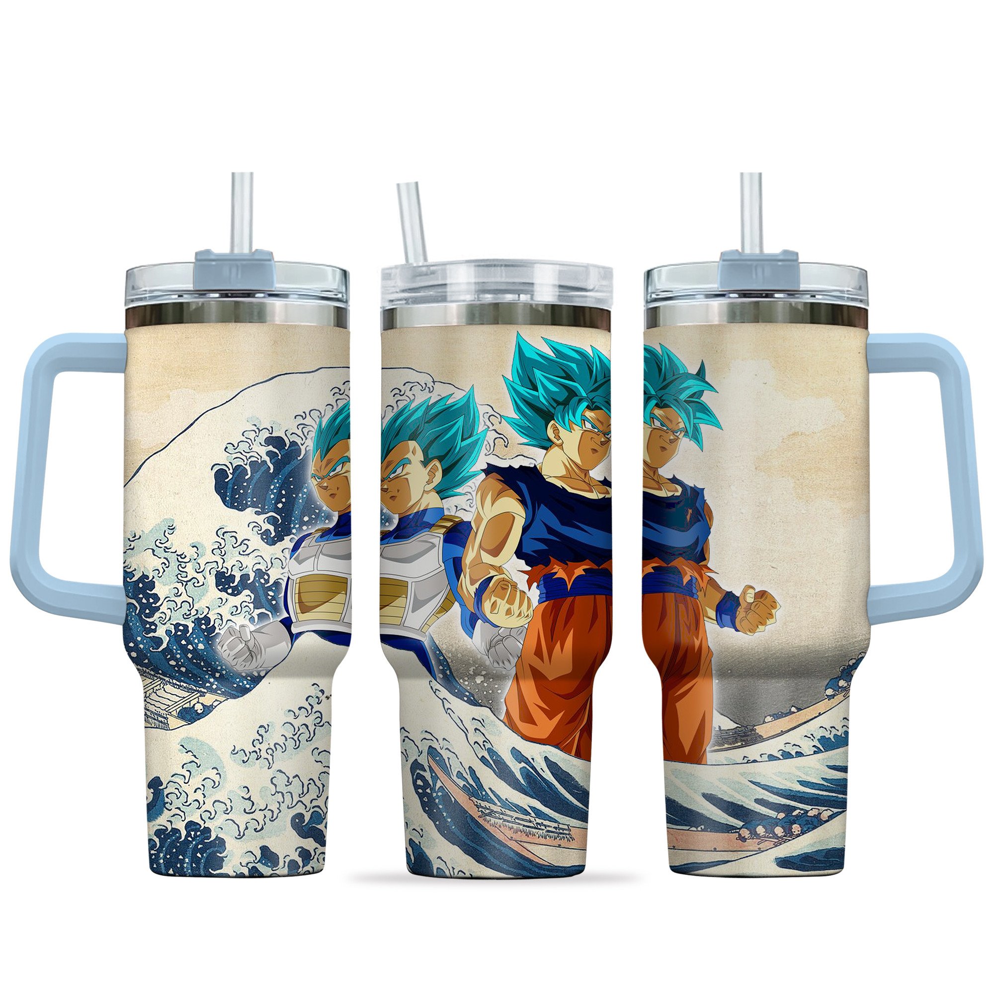 Hydratemerch Goku Blue x Vegeta Blue Dragon Ball Anime Custom Stanley Quencher 40oz Stainless Steel Tumbler With Handle
