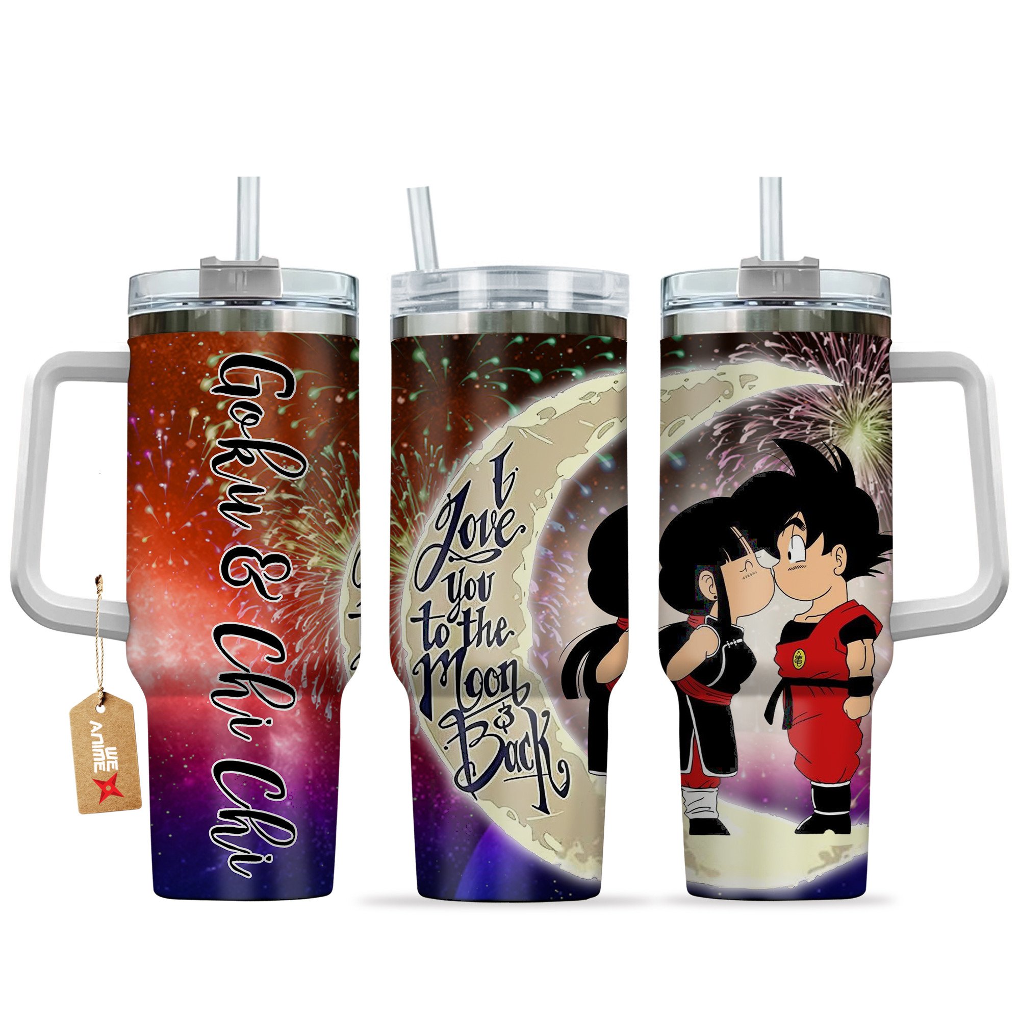 Hydratemerch Goku & Chichi Dragon Ball Anime Valentine Custom Stanley Quencher 40oz Stainless Steel Tumbler With Handle