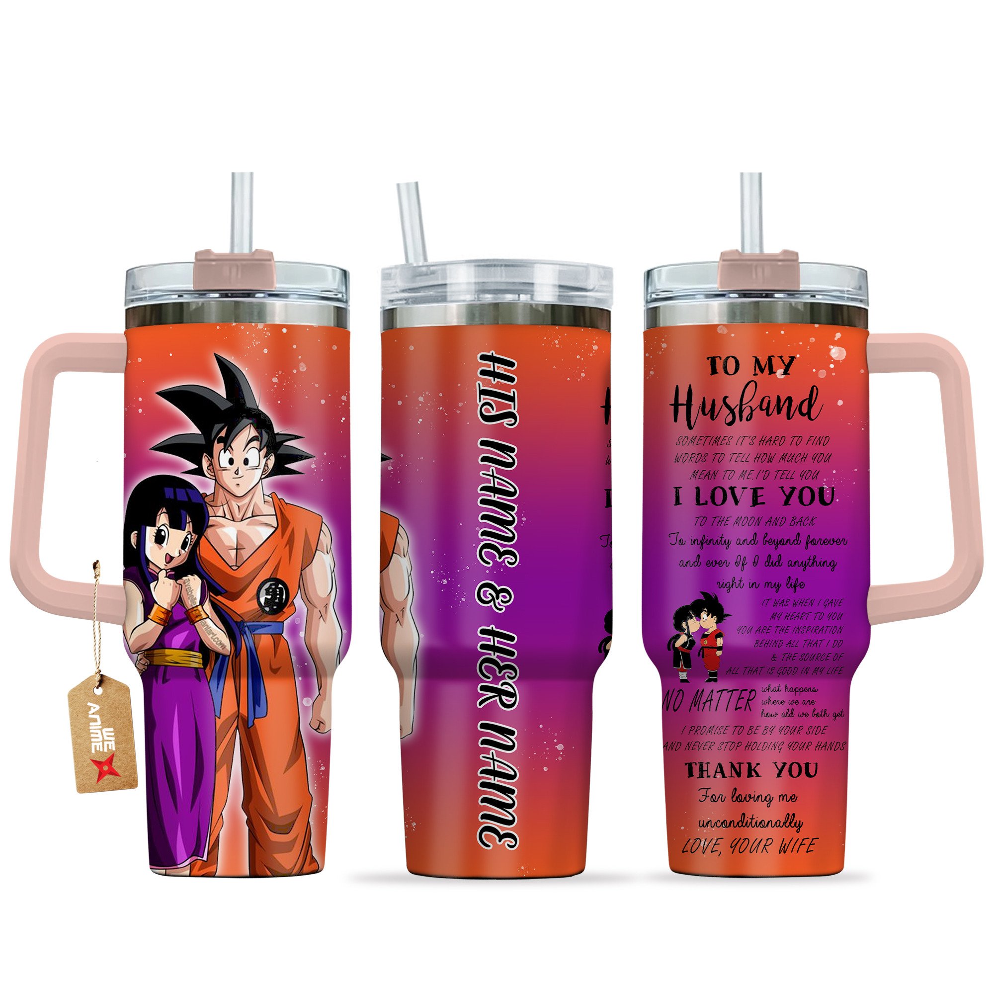 Hydratemerch Goku & Chichi Dragon Ball Anime Valentine Custom Stanley Quencher 40oz Stainless Steel Tumbler With Handle