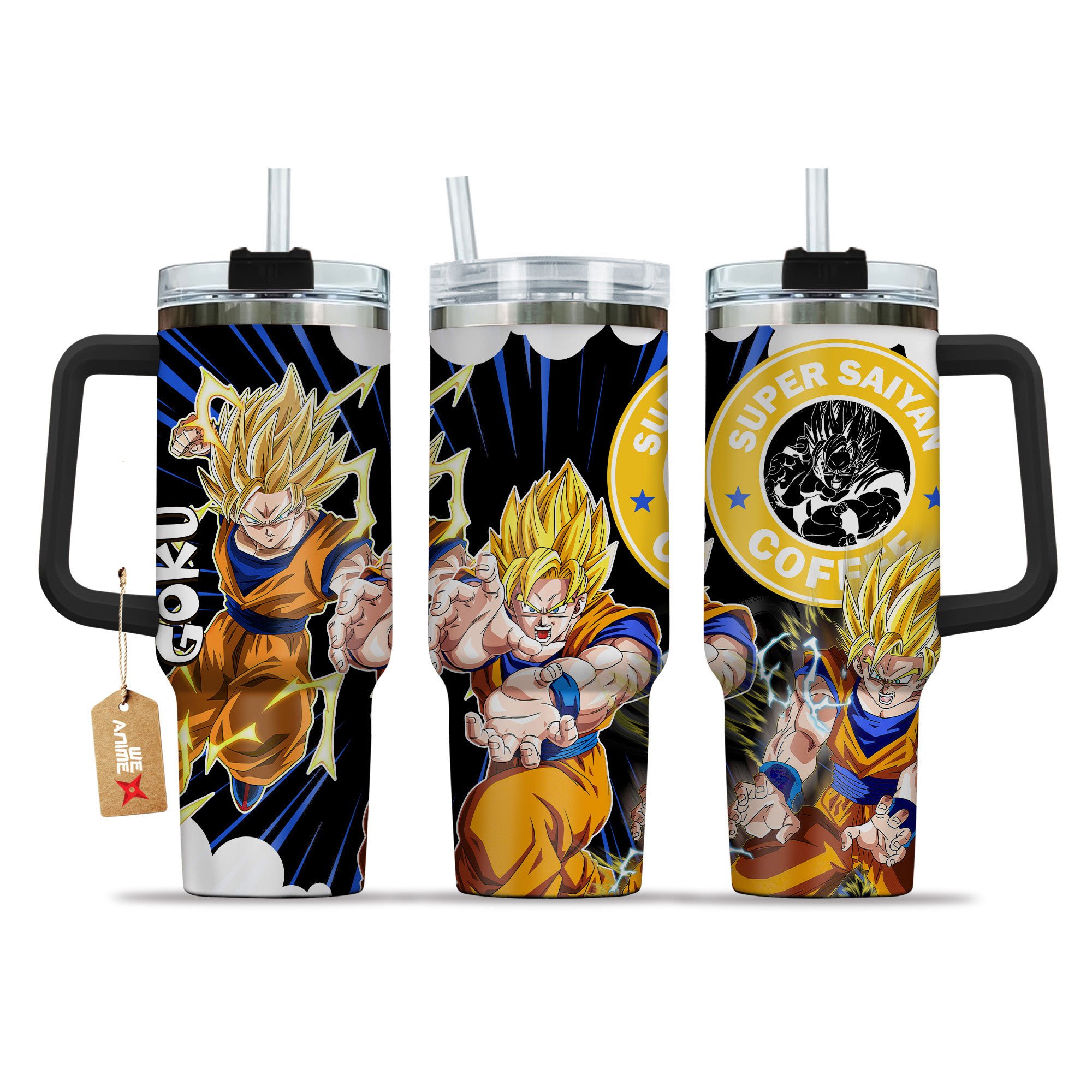 Hydratemerch Goku Super Saiyan 2 Dragon Ball Anime Custom Stanley Quencher 40oz Stainless Steel Tumbler With Handle