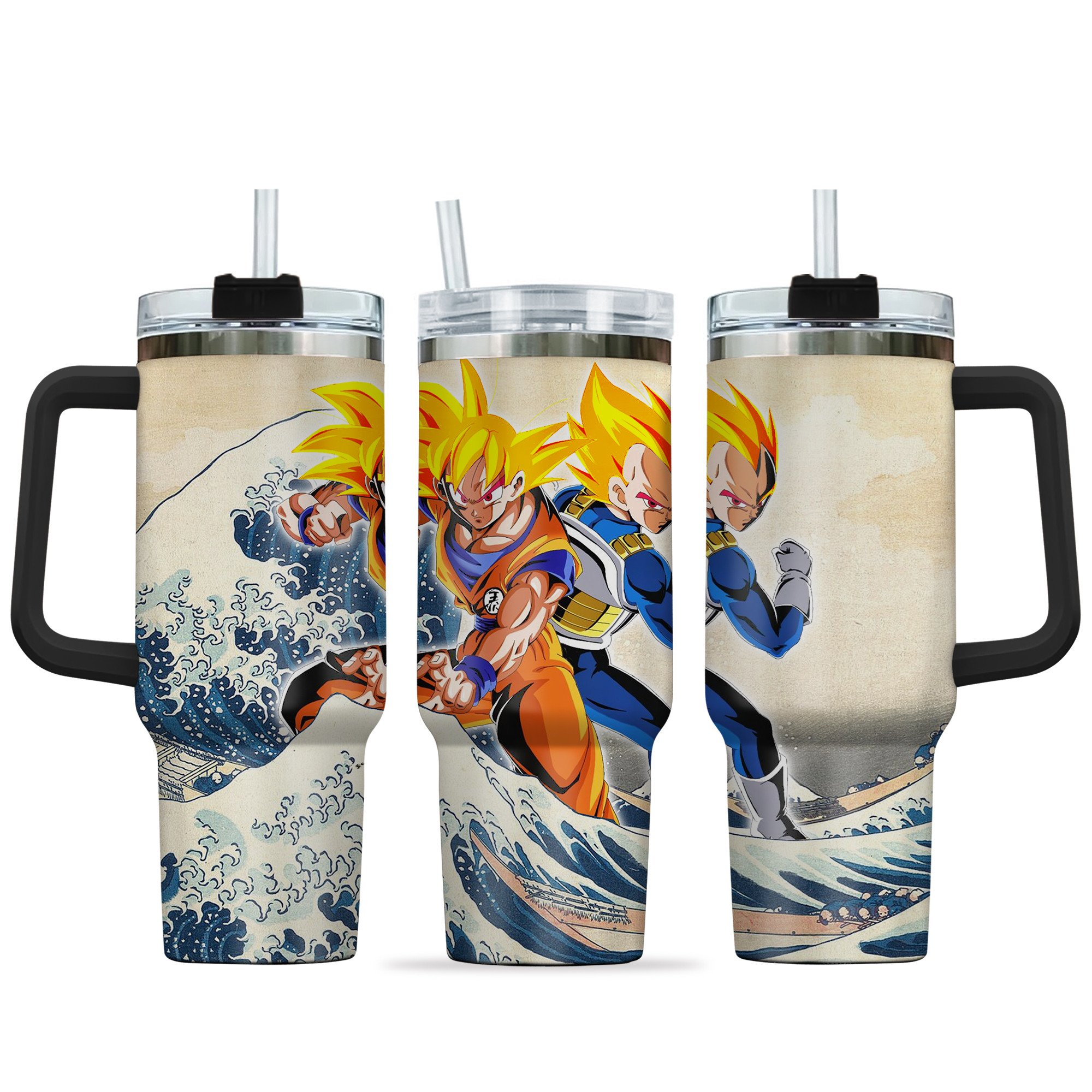 Hydratemerch Goku Super Saiyan x Vegeta Super Saiyan Dragon Ball Anime Custom Stanley Quencher 40oz Stainless Steel Tumbler With Handle