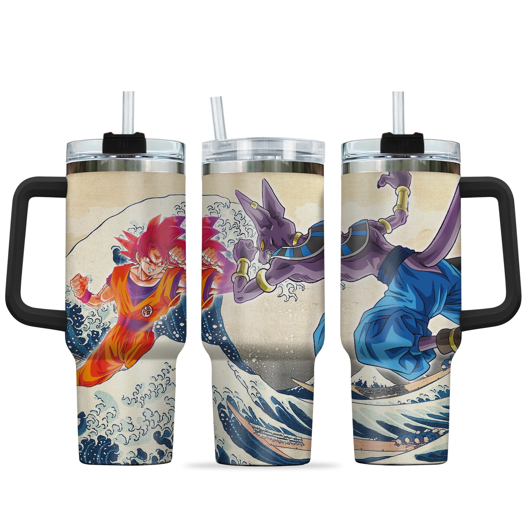 Hydratemerch Goku x Beerus Dragon Ball Anime Custom Stanley Quencher 40oz Stainless Steel Tumbler With Handle