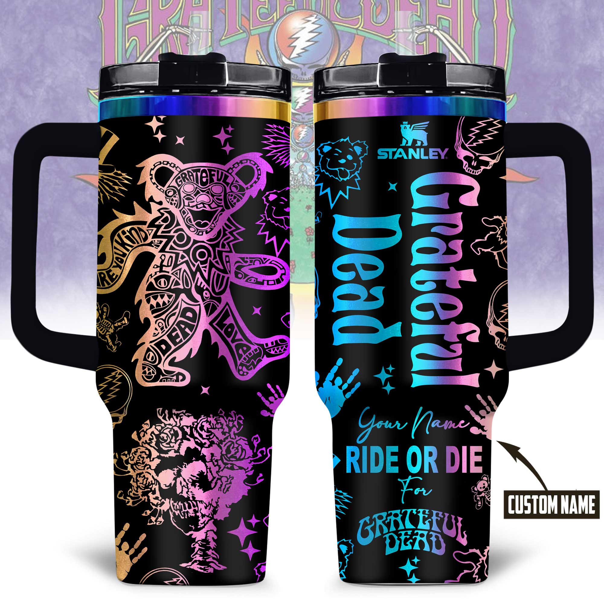Hydratemerch Grateful Dead Music Custom Stanley Quencher 40oz Stainless Steel Tumbler With Handle