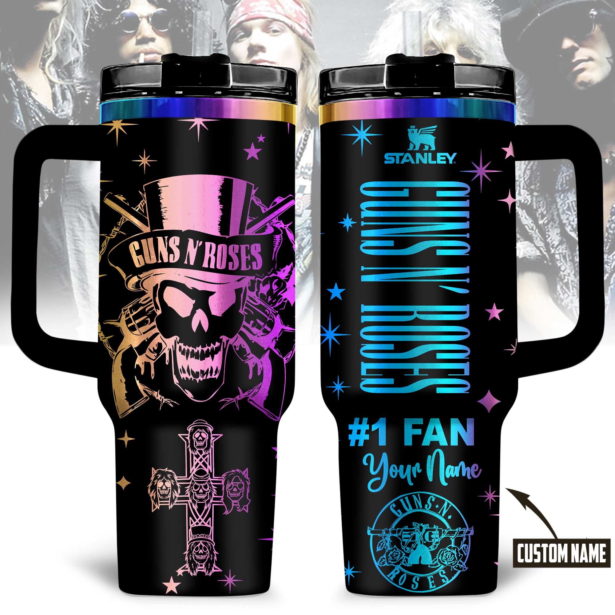 Hydratemerch Guns Nâ€™ Roses Music Custom Stanley Quencher 40oz Stainless Steel Tumbler With Handle
