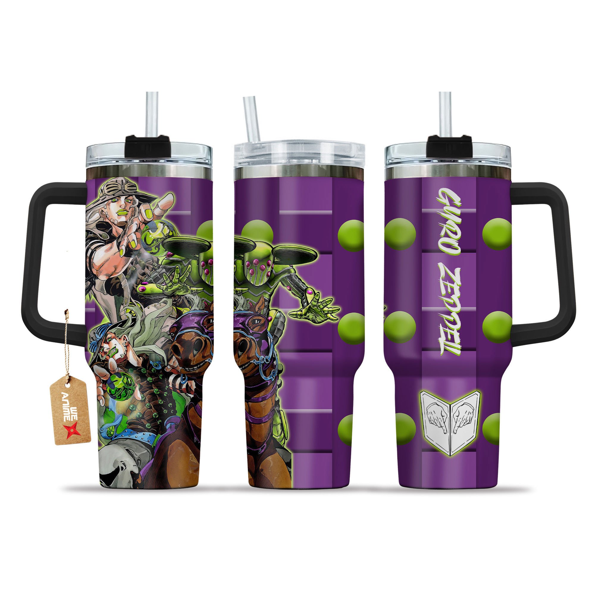 Hydratemerch Gyro Zeppeli JoJo's Bizarre Anime Custom Stanley Quencher 40oz Stainless Steel Tumbler With Handle