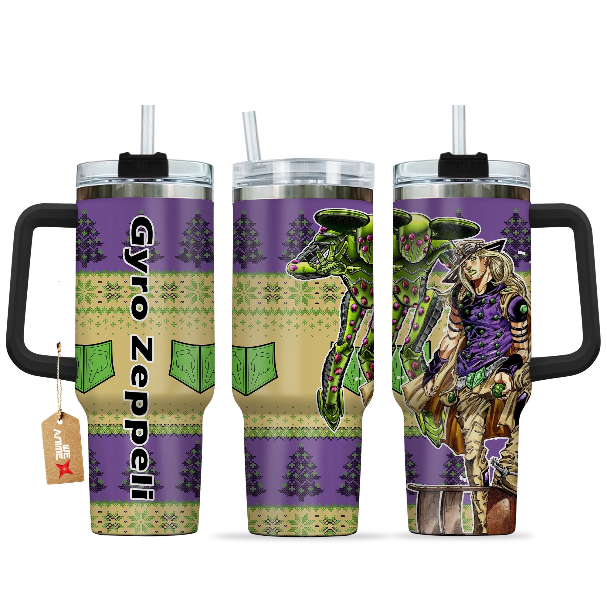 Hydratemerch Gyro Zeppeli JoJo's Bizarre Anime Custom Stanley Quencher 40oz Stainless Steel Tumbler With Handle