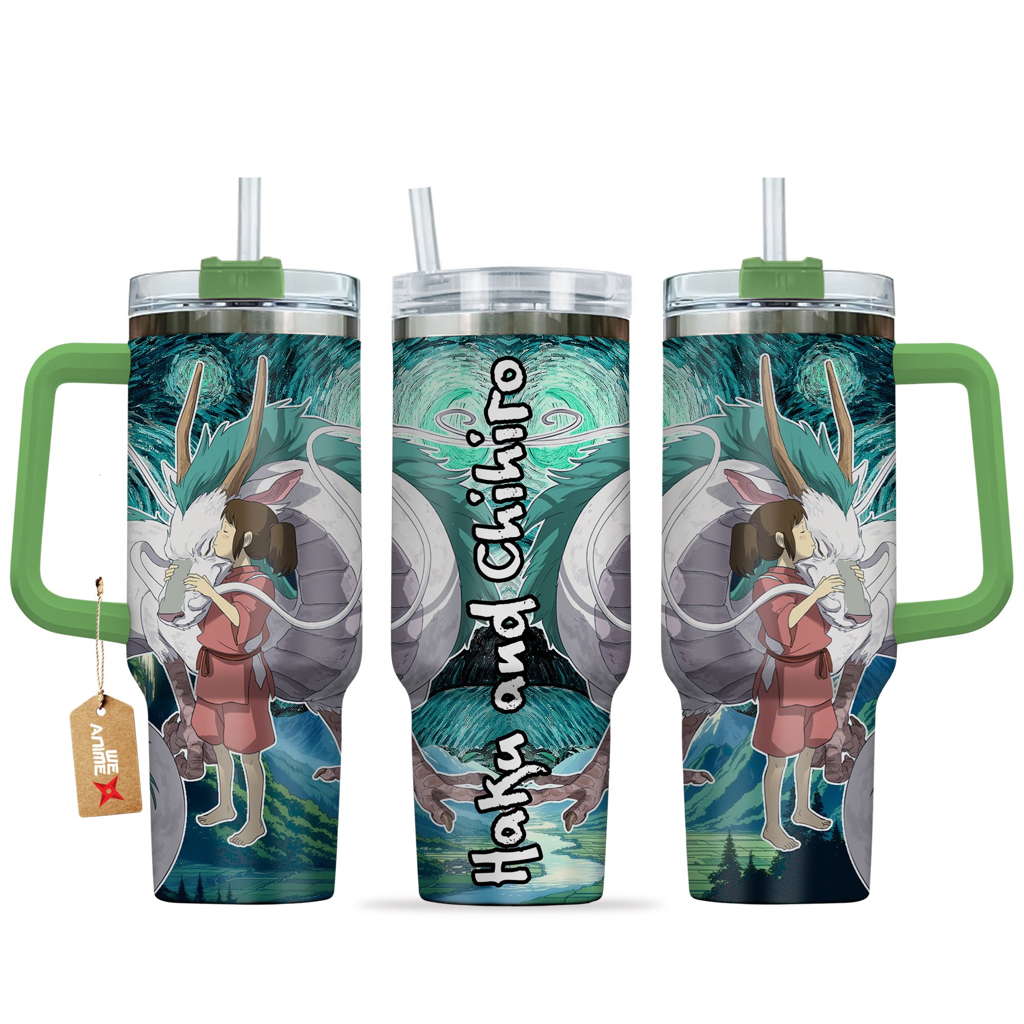 Hydratemerch Haku and Chihiro Spirited Away Anime Custom Stanley Quencher 40oz Stainless Steel Tumbler With Handle