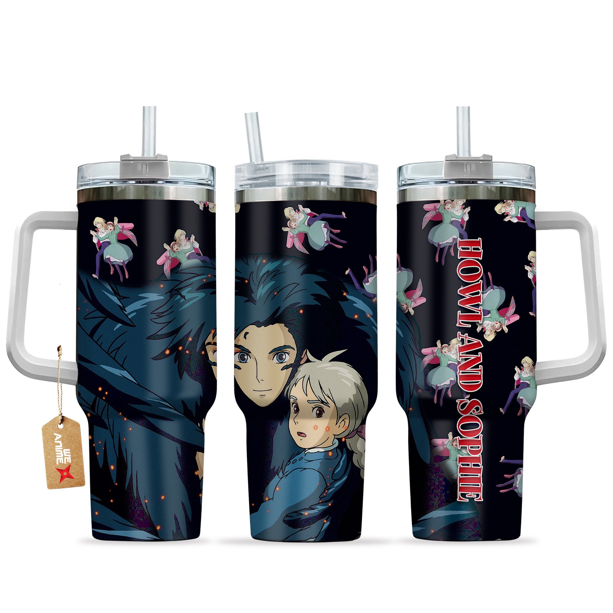 Hydratemerch Howl and Sophie Howl's Moving Castle Anime Custom Stanley Quencher 40oz Stainless Steel Tumbler With Handle