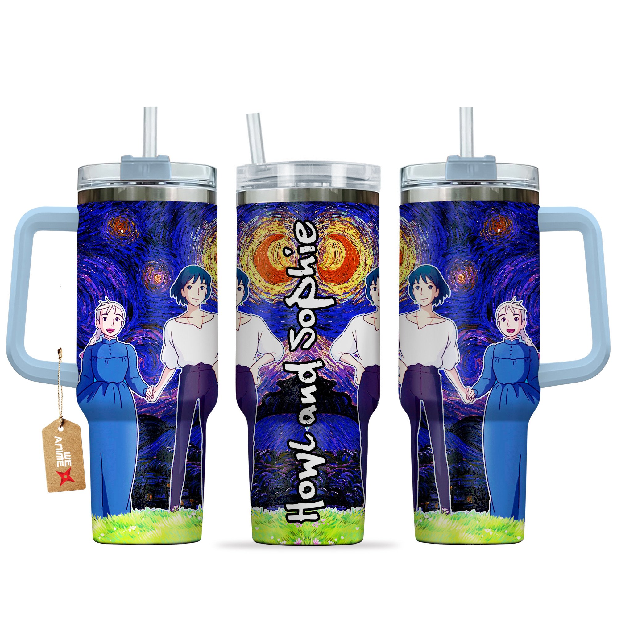 Hydratemerch Howl and Sophie Howl's Moving Castle Anime Custom Stanley Quencher 40oz Stainless Steel Tumbler With Handle