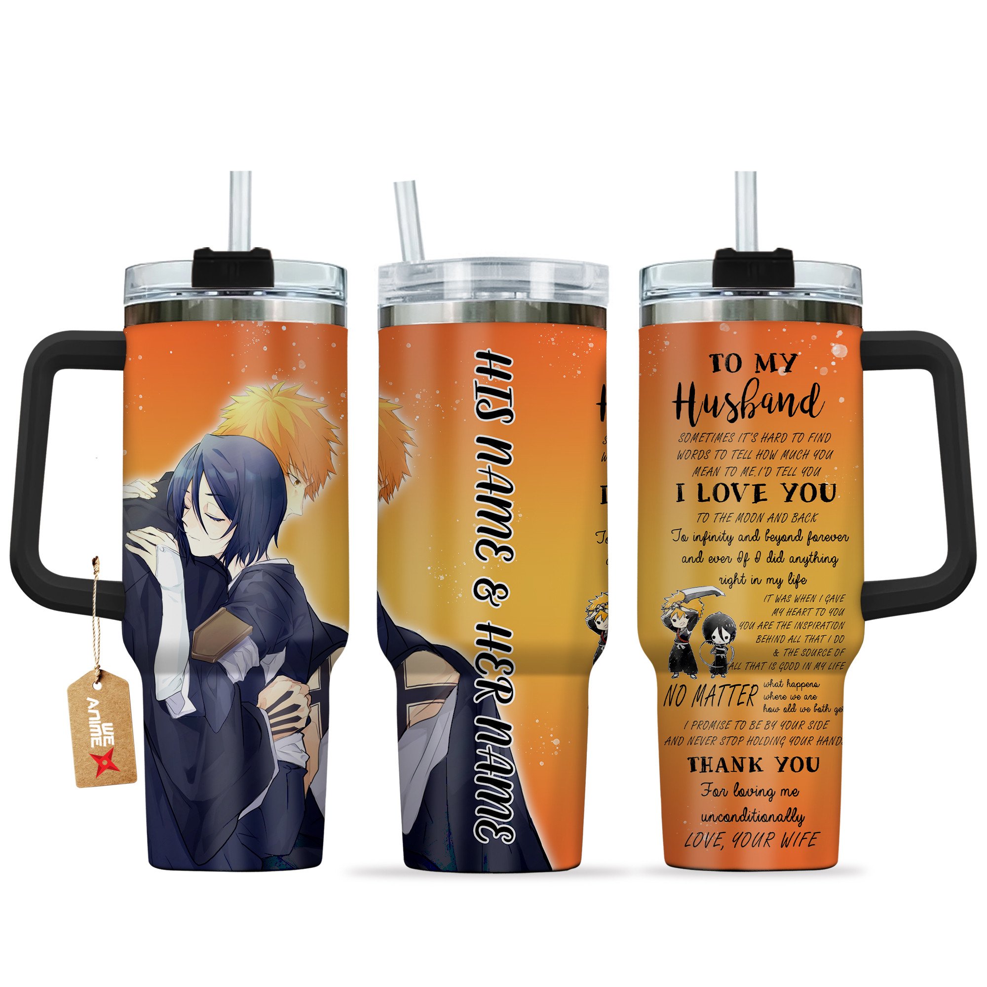 Hydratemerch Ichigo Kurosaki & Rukia Kuchiki Bleach Anime Valentine Custom Stanley Quencher 40oz Stainless Steel Tumbler With Handle