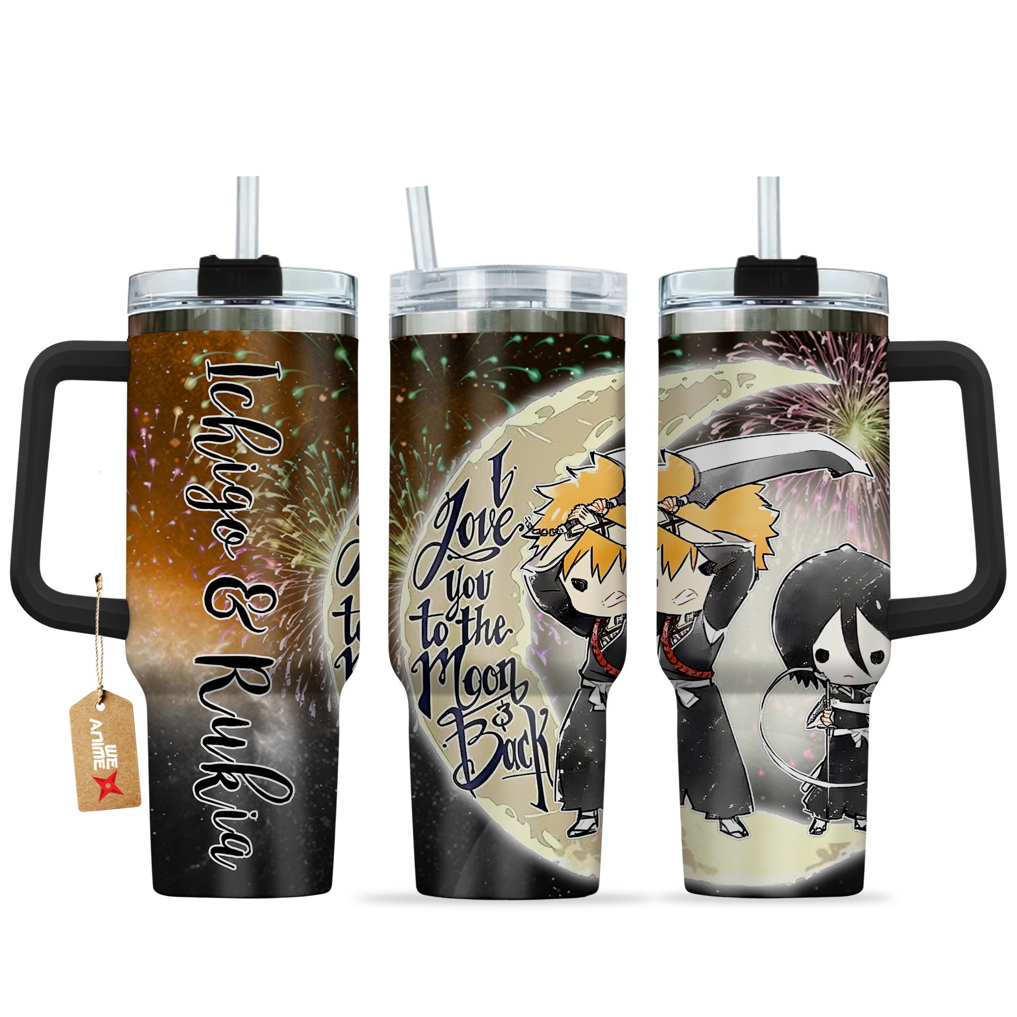 Hydratemerch Ichigo Kurosaki & Rukia Kuchiki Bleach Anime Valentine Custom Stanley Quencher 40oz Stainless Steel Tumbler With Handle