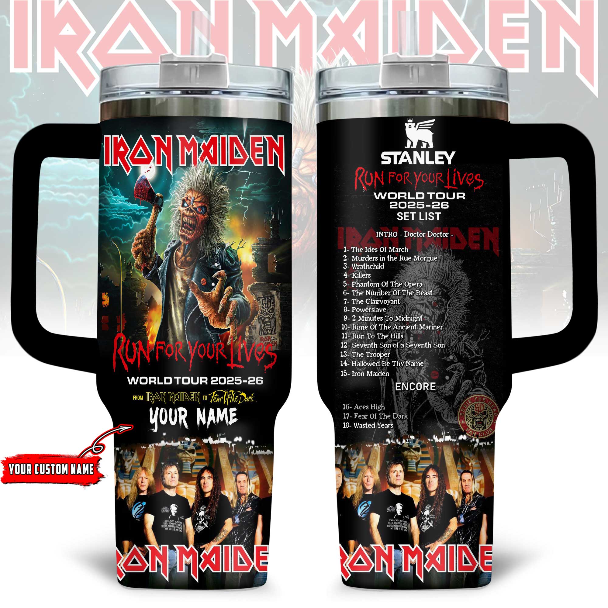 Hydratemerch Iron Maiden Music Custom Stanley Quencher 40oz Stainless Steel Tumbler With Handle