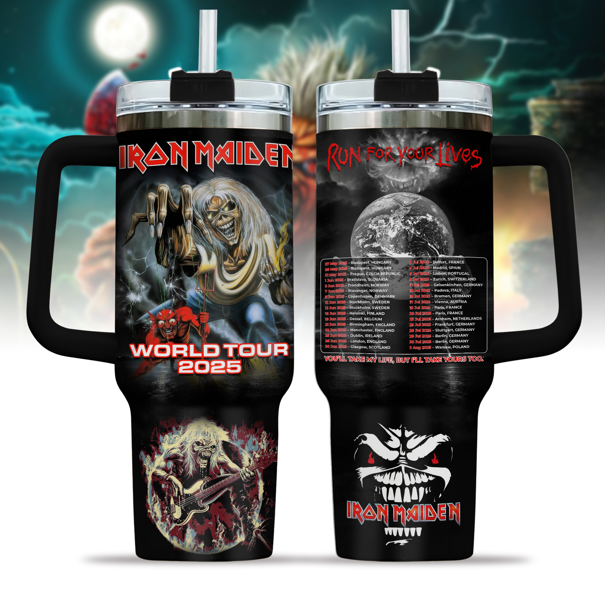 Hydratemerch Iron Maiden Music Custom Stanley Quencher 40oz Stainless Steel Tumbler With Handle