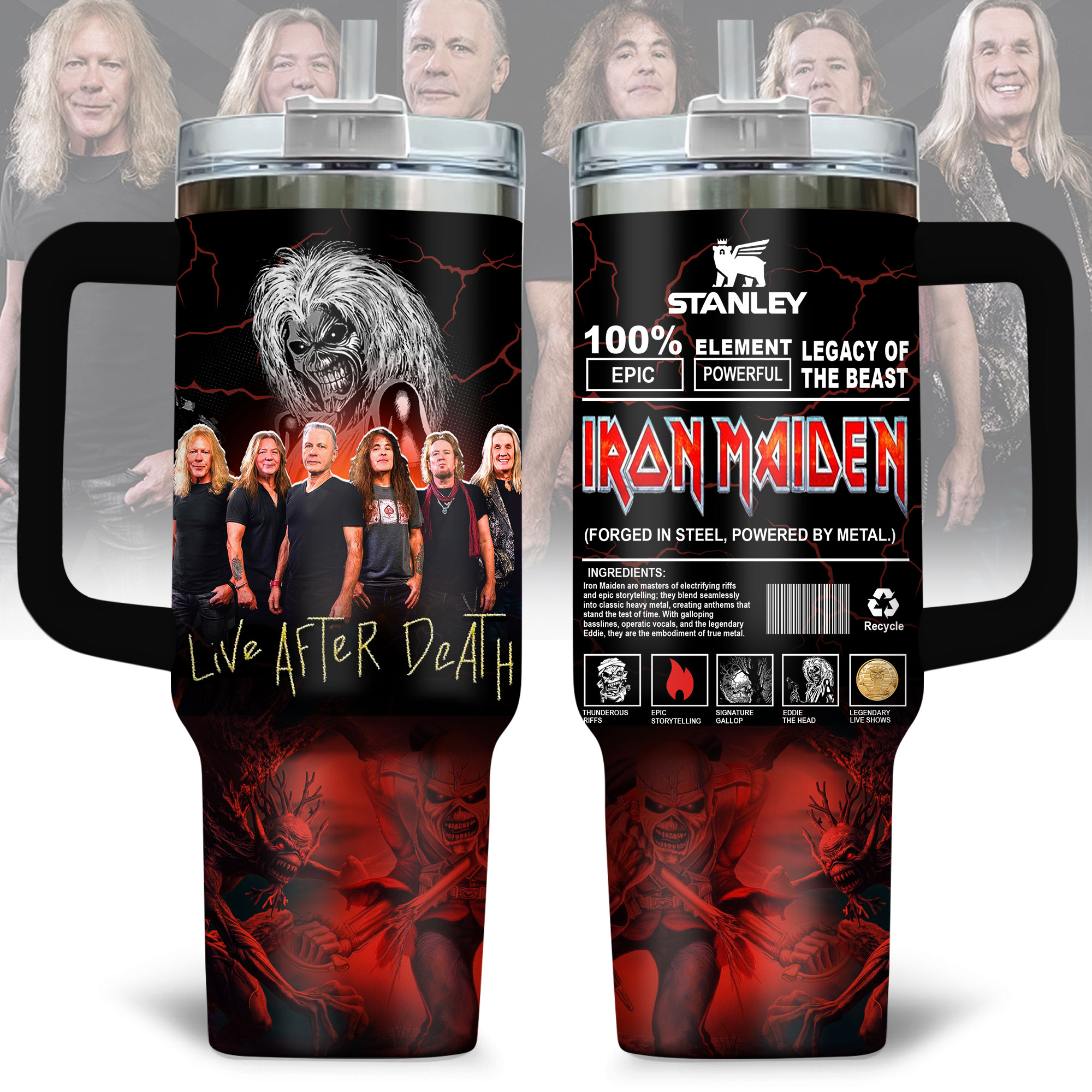 Hydratemerch Iron Maiden Music Custom Stanley Quencher 40oz Stainless Steel Tumbler With Handle